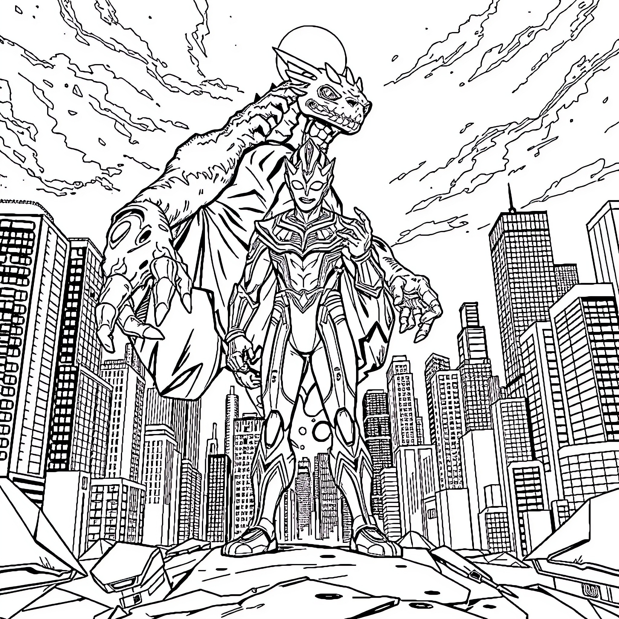Ultraman hero battling a giant monster in the city Coloring Page (free black-and-white line drawing printable PDF for all, from beginners to advanced learners, including children, teens, adults, and seniors)