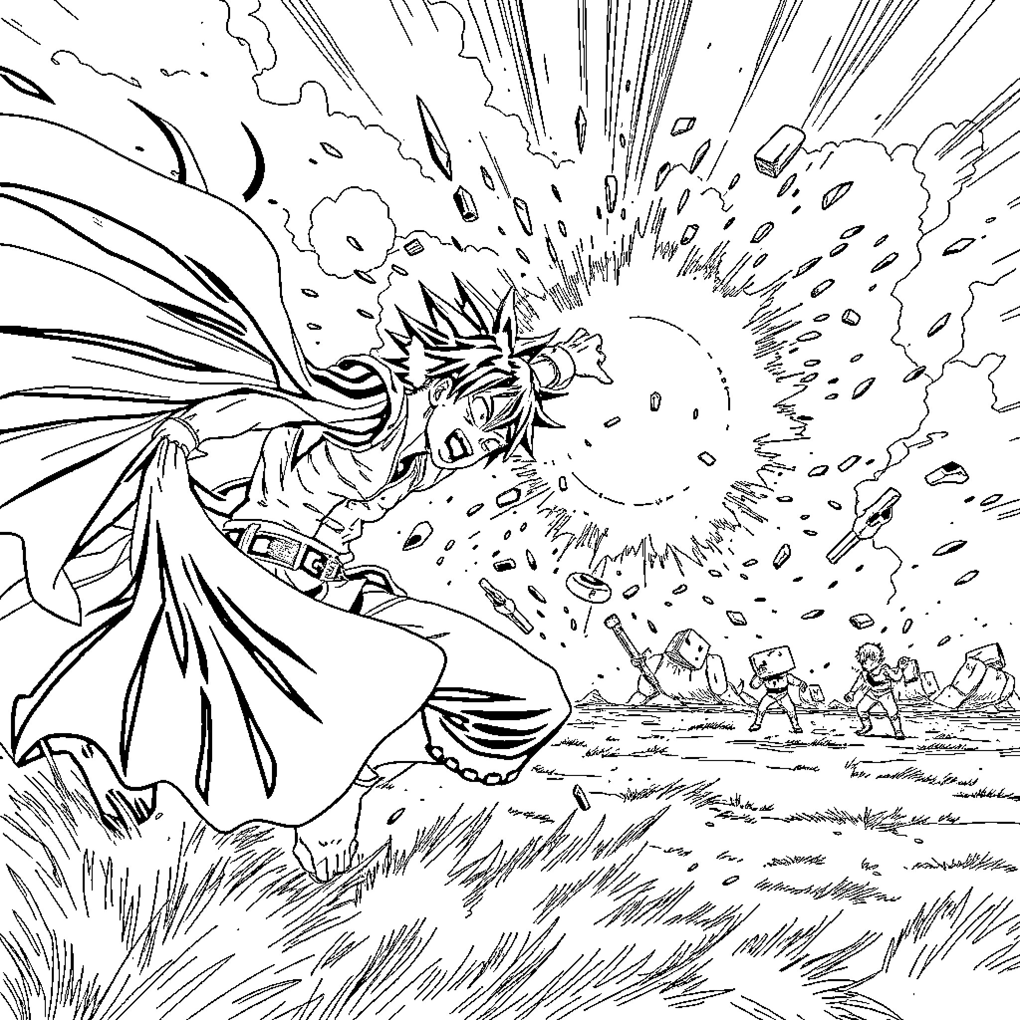 Izuku Midoriya's Explosive Heroic Moment Coloring Page (free black-and-white line drawing printable PDF for all, from beginners to advanced learners, including children, teens, adults, and seniors)