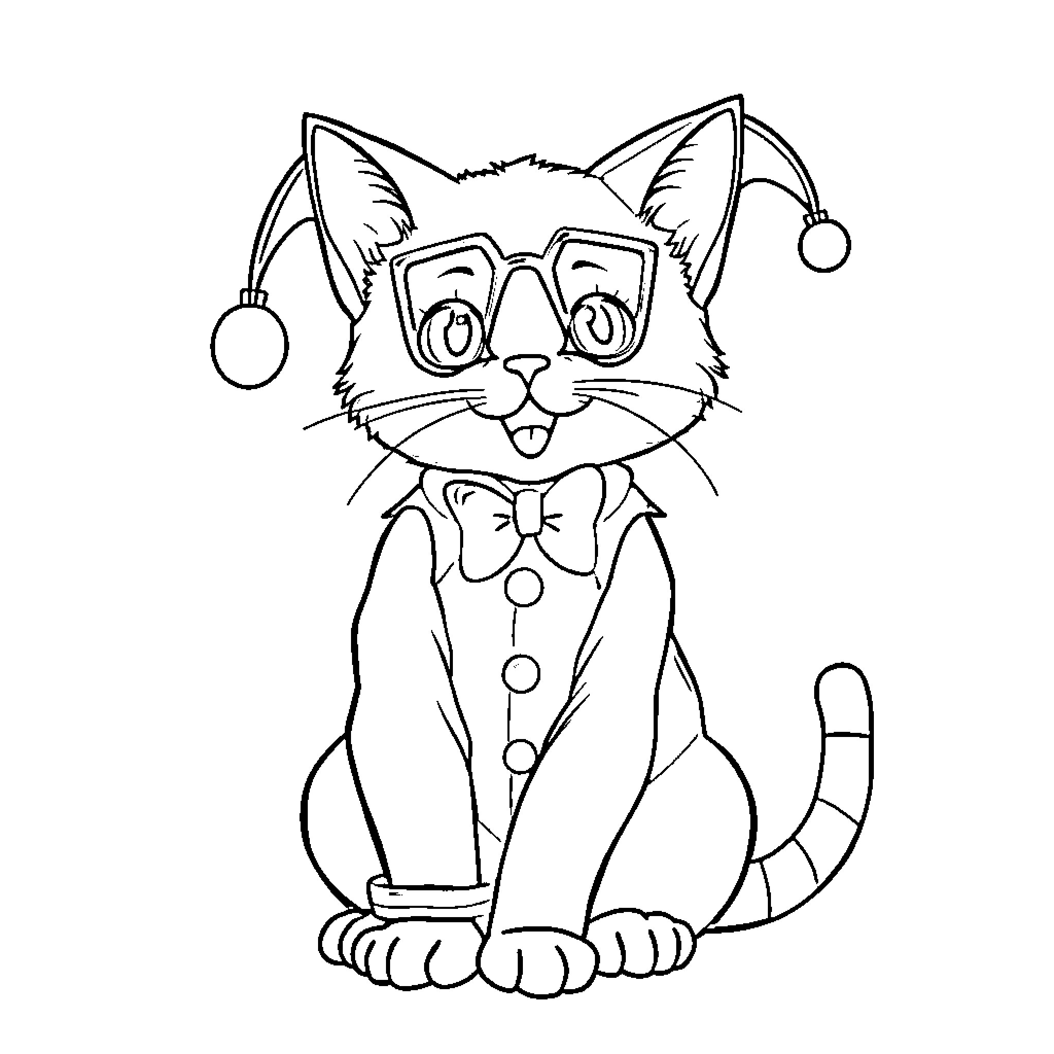 Cat wearing Jester Outfit with Glasses Coloring Page (free black-and-white line drawing printable PDF for all, from beginners to advanced learners, including children, teens, adults, and seniors)