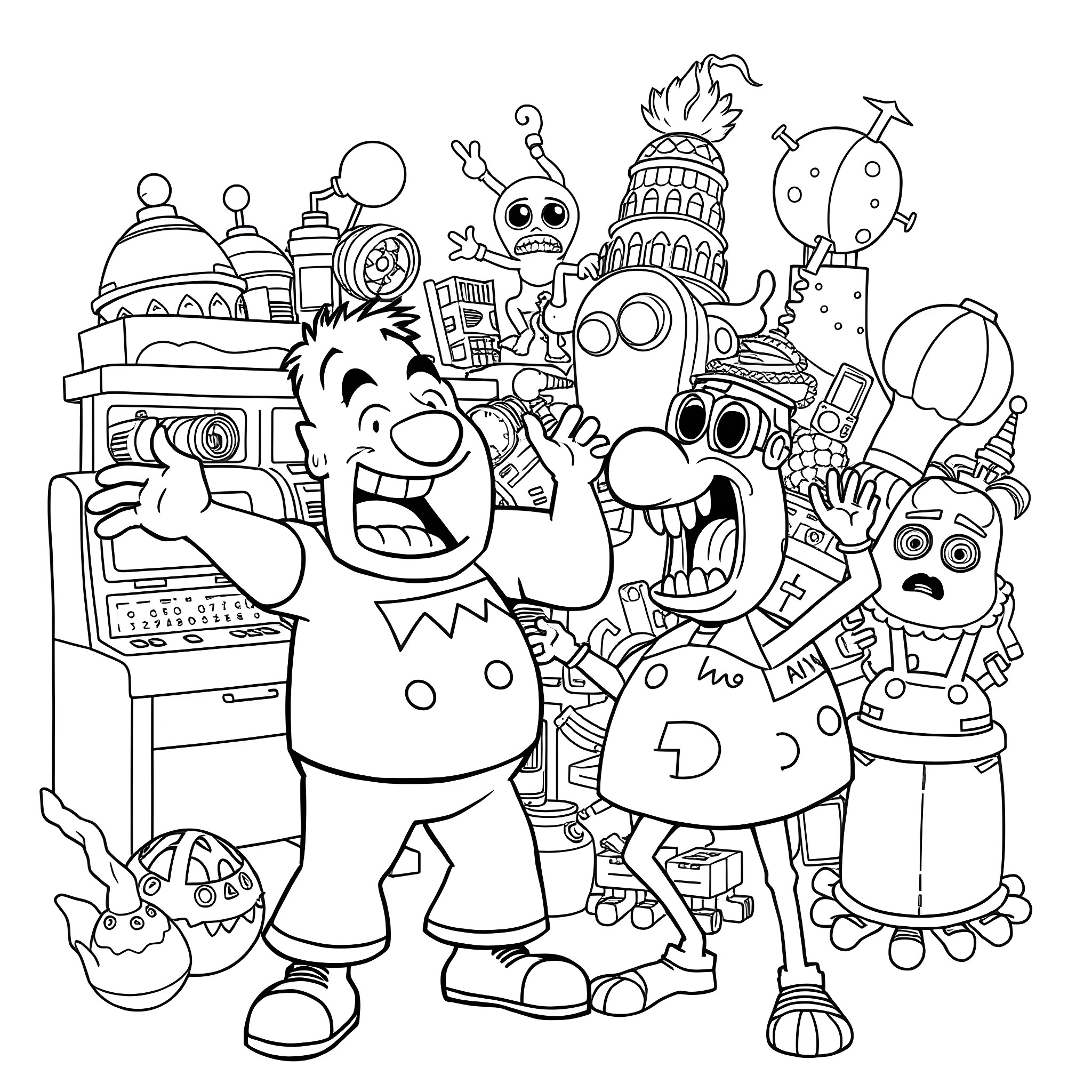 Shake and shout with cartoon characters Coloring Page (free black-and-white line drawing printable PDF for all, from beginners to advanced learners, including children, teens, adults, and seniors)