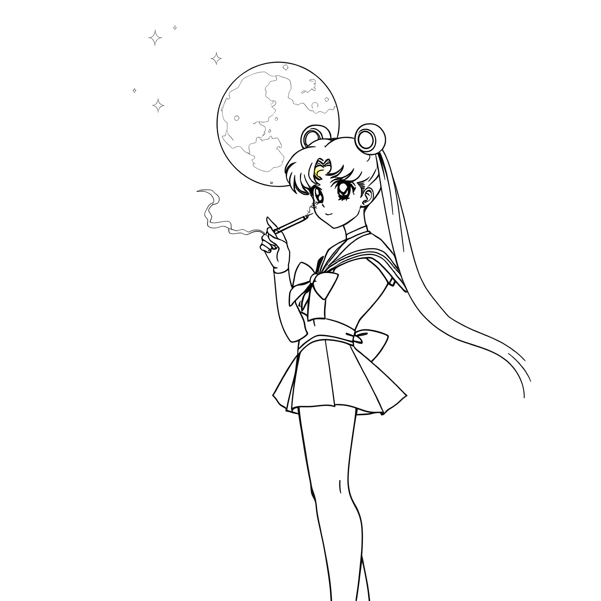 Sailor Moon gazing at the enchanting celestial sphere Coloring Page (free black-and-white line drawing printable PDF for all, from beginners to advanced learners, including children, teens, adults, and seniors)