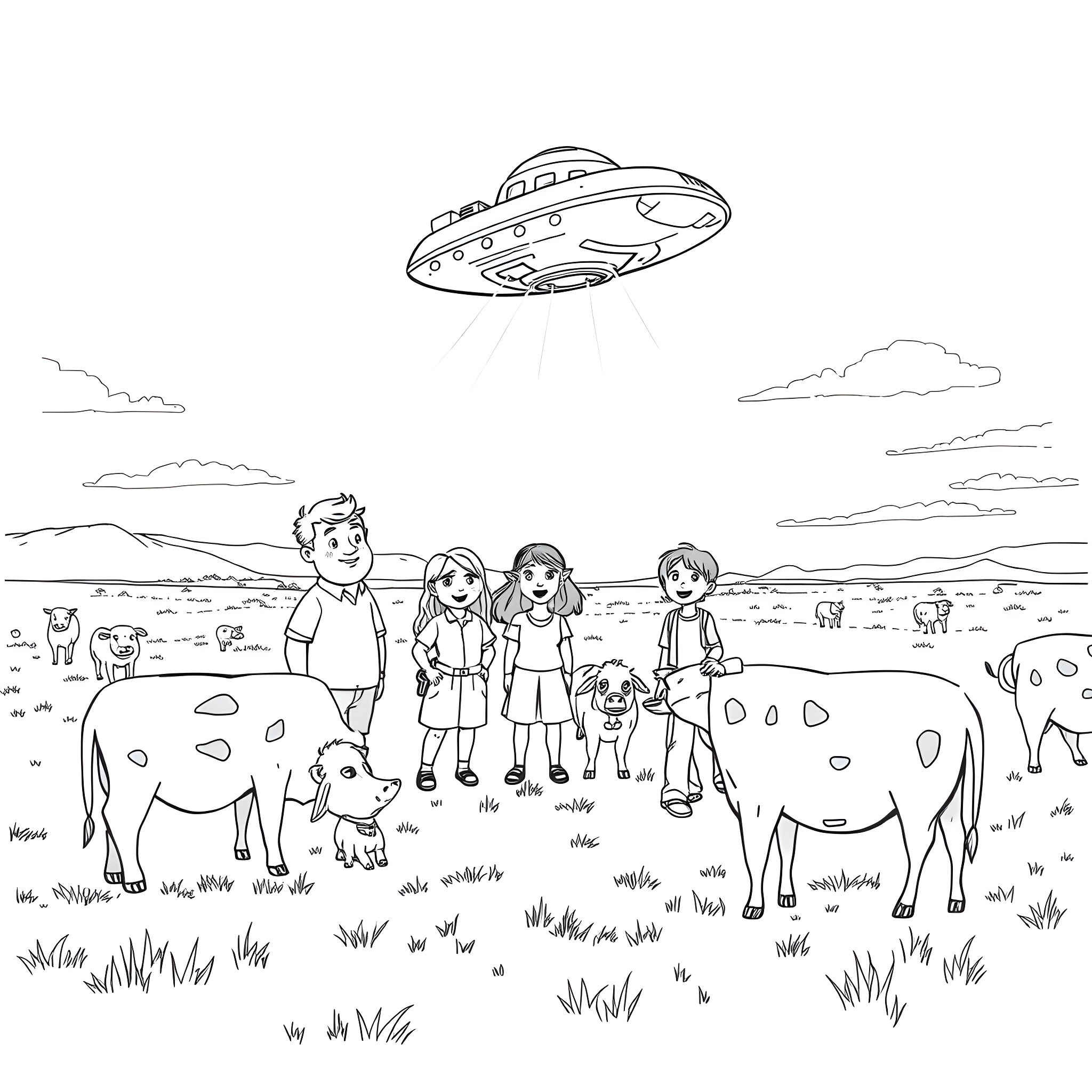 Bob's Burgers: Family Outing with Pets and UFO Coloring Page (free black-and-white line drawing printable PDF for all, from beginners to advanced learners, including children, teens, adults, and seniors)