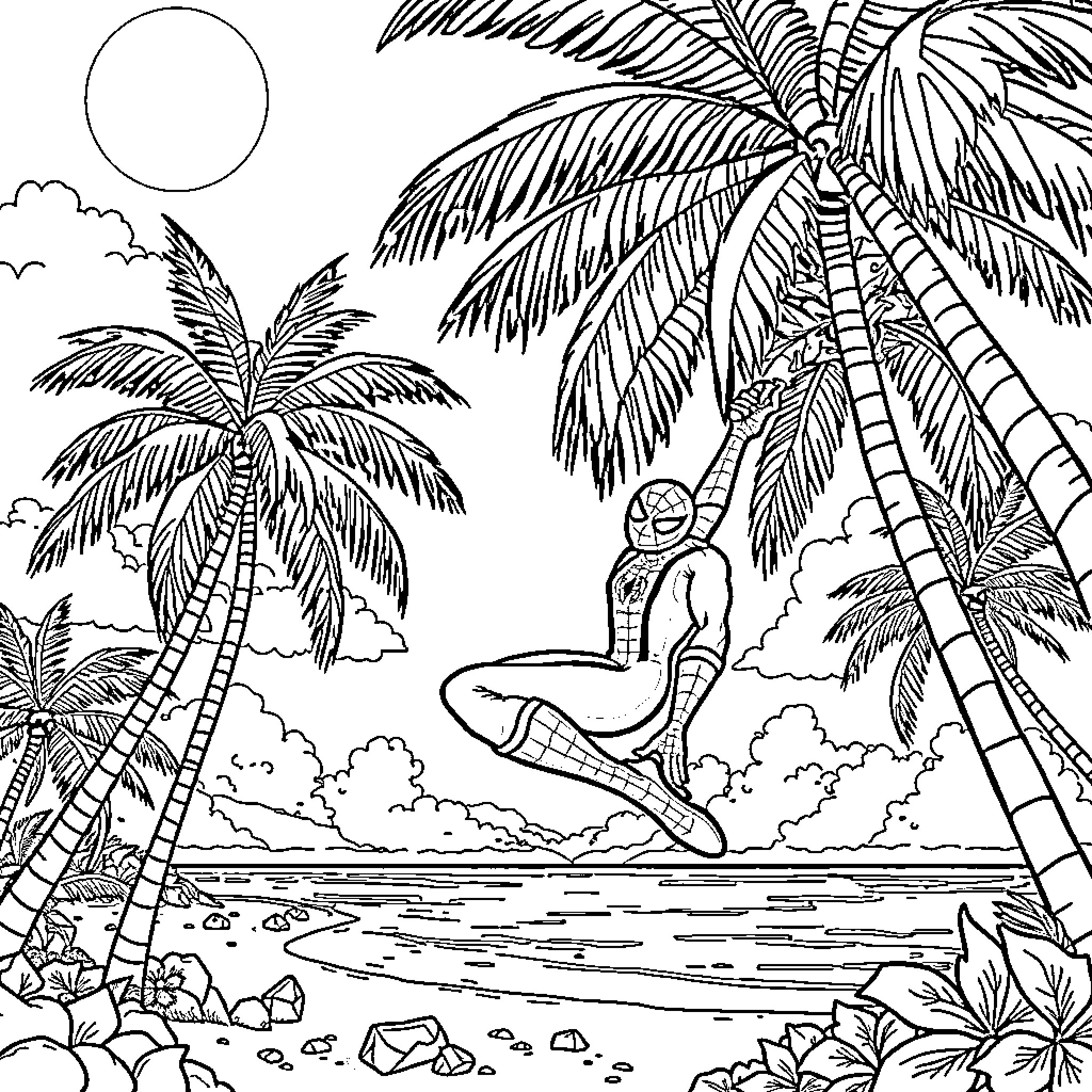 Spiderman surfing on a tropical beach with palm trees Coloring Page (free black-and-white line drawing printable PDF for all, from beginners to advanced learners, including children, teens, adults, and seniors)