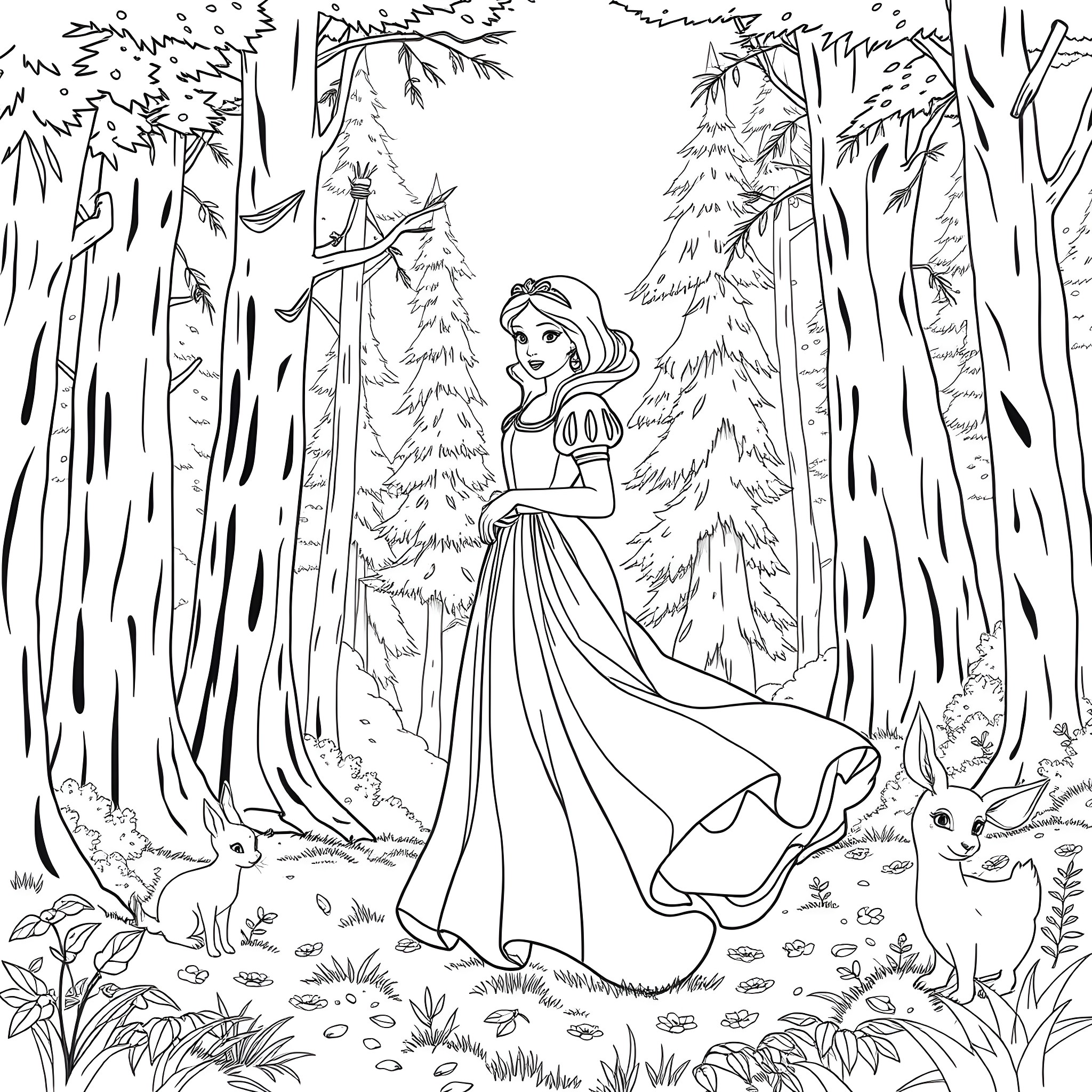 Snow White walking through the enchanted forest Coloring Page (free black-and-white line drawing printable PDF for all, from beginners to advanced learners, including children, teens, adults, and seniors)