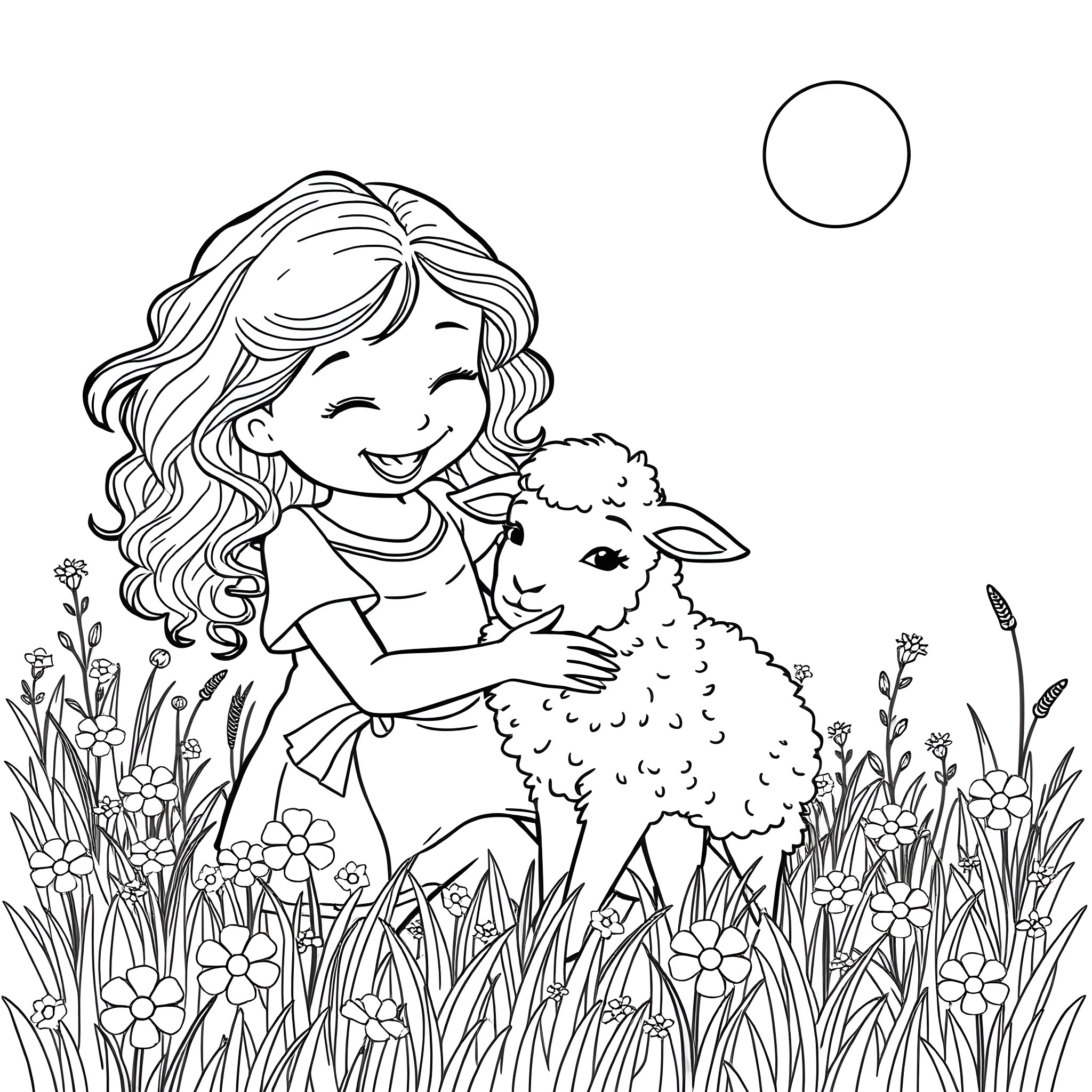 Girl cuddling a cute lamb in a field of flowers Coloring Page (free black-and-white line drawing printable PDF for all, from beginners to advanced learners, including children, teens, adults, and seniors)