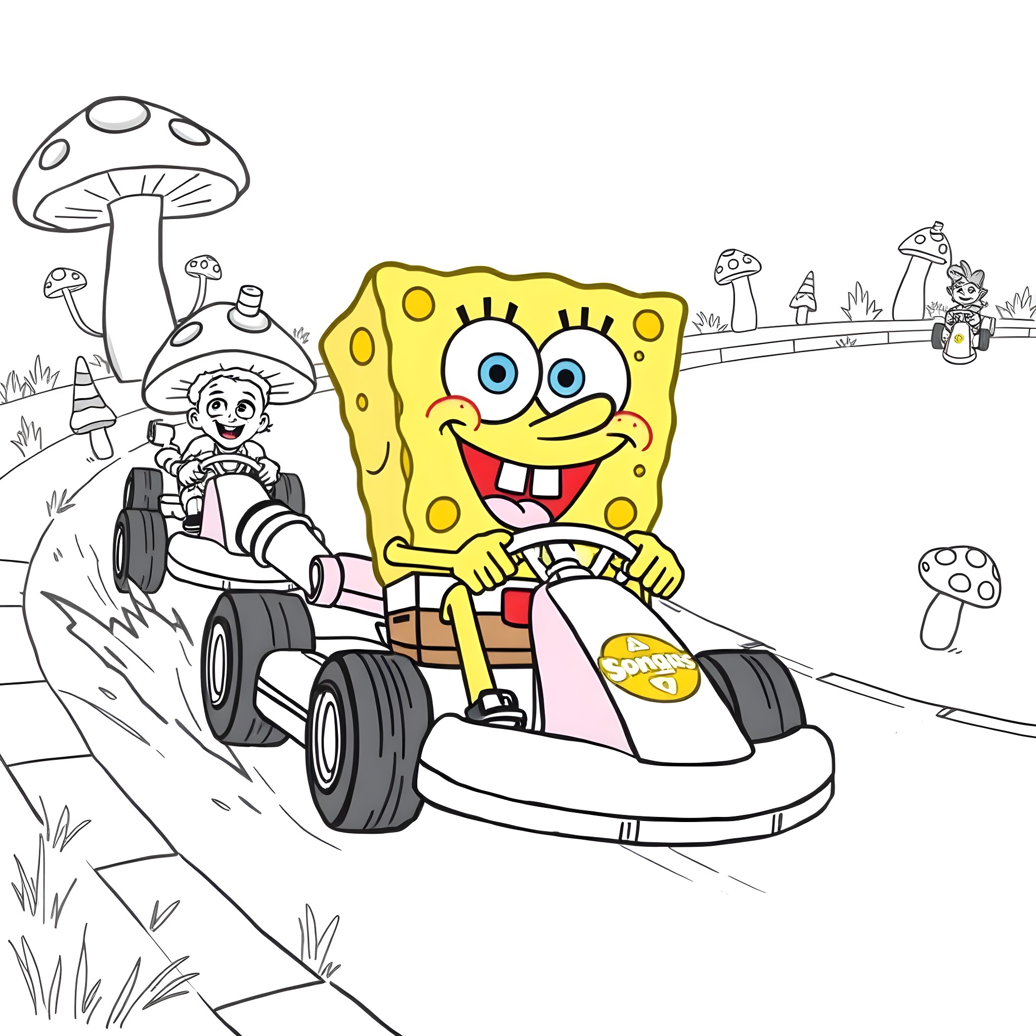 Spongebob racing enthusiastically in a go-kart Coloring Page (free black-and-white line drawing printable PDF for all, from beginners to advanced learners, including children, teens, adults, and seniors)
