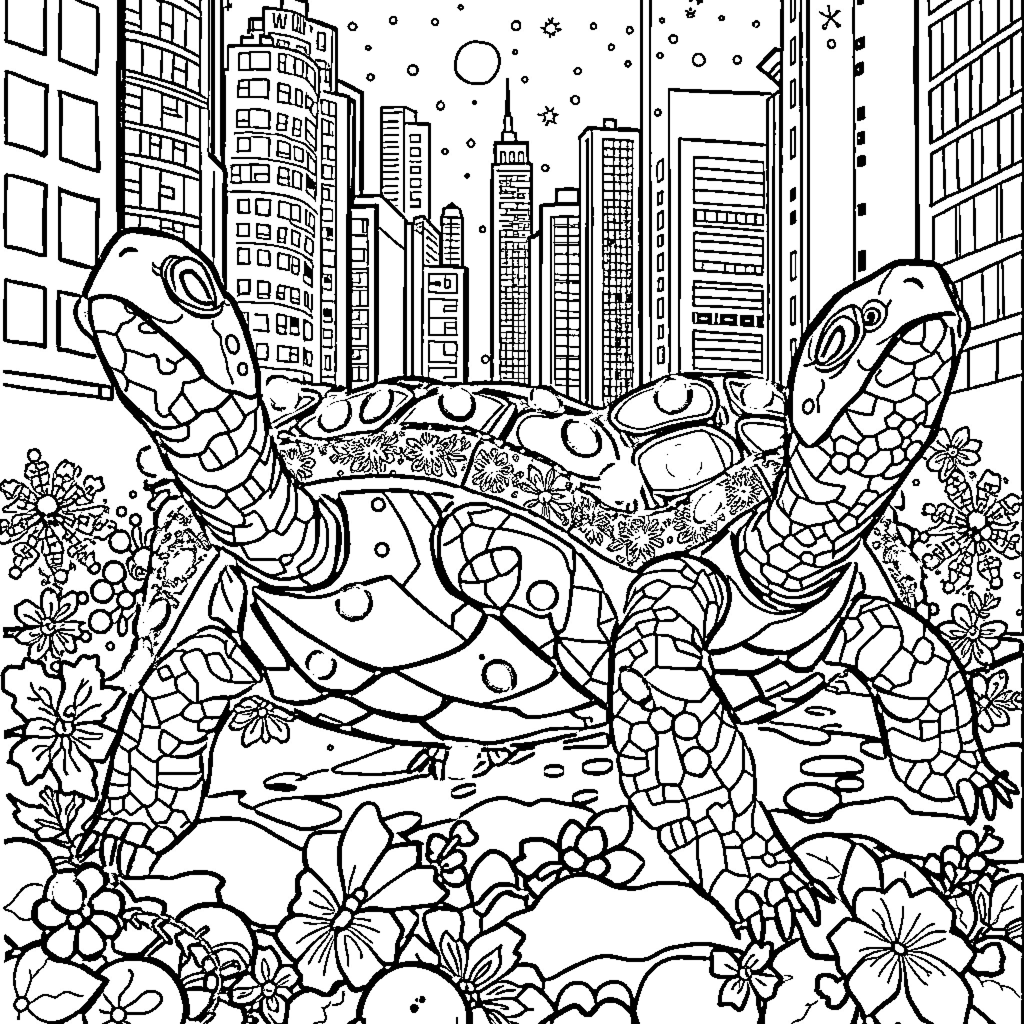 Turtle Exploring the City Skyline Coloring Page (free black-and-white line drawing printable PDF for all, from beginners to advanced learners, including children, teens, adults, and seniors)