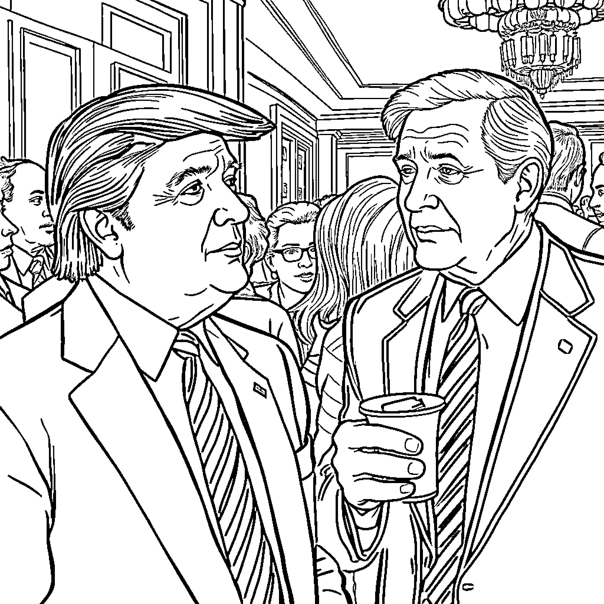 Donald Trump Talking Animatedly with Another Politician Coloring Page (free black-and-white line drawing printable PDF for all, from beginners to advanced learners, including children, teens, adults, and seniors)