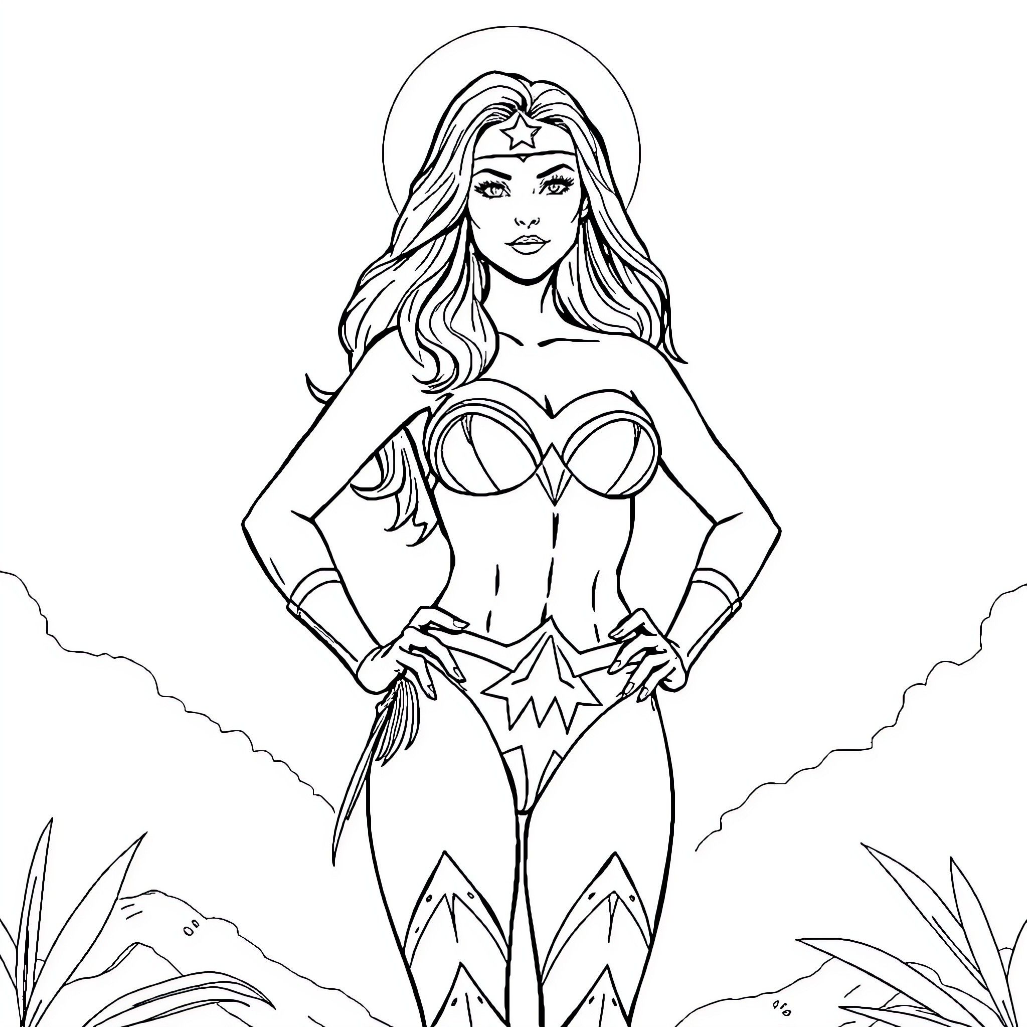 Wonder Woman in heroic pose with sword and shield Coloring Page (free black-and-white line drawing printable PDF for all, from beginners to advanced learners, including children, teens, adults, and seniors)