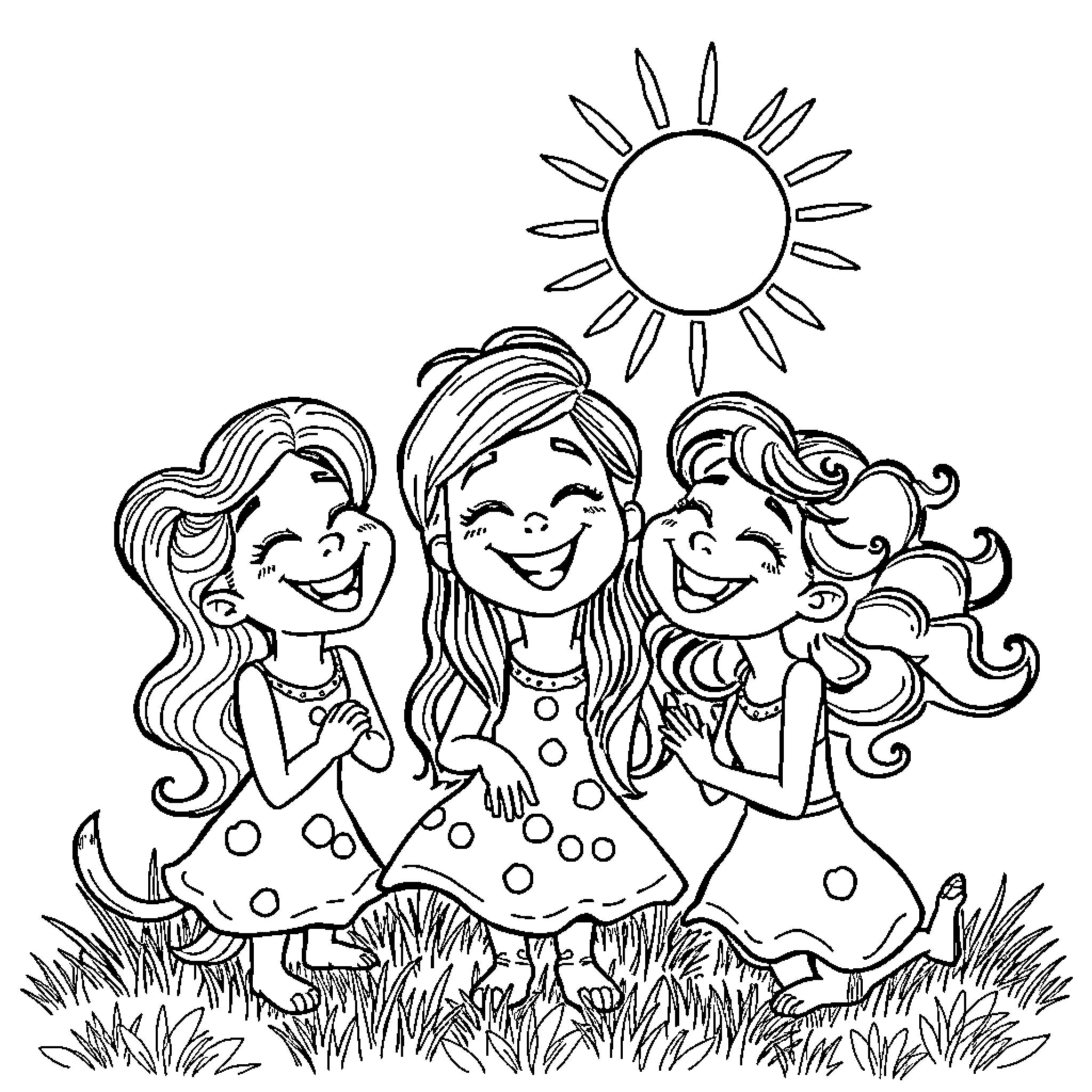 Elza and Friends Enjoying Summer Sunshine Coloring Page (free black-and-white line drawing printable PDF for all, from beginners to advanced learners, including children, teens, adults, and seniors)