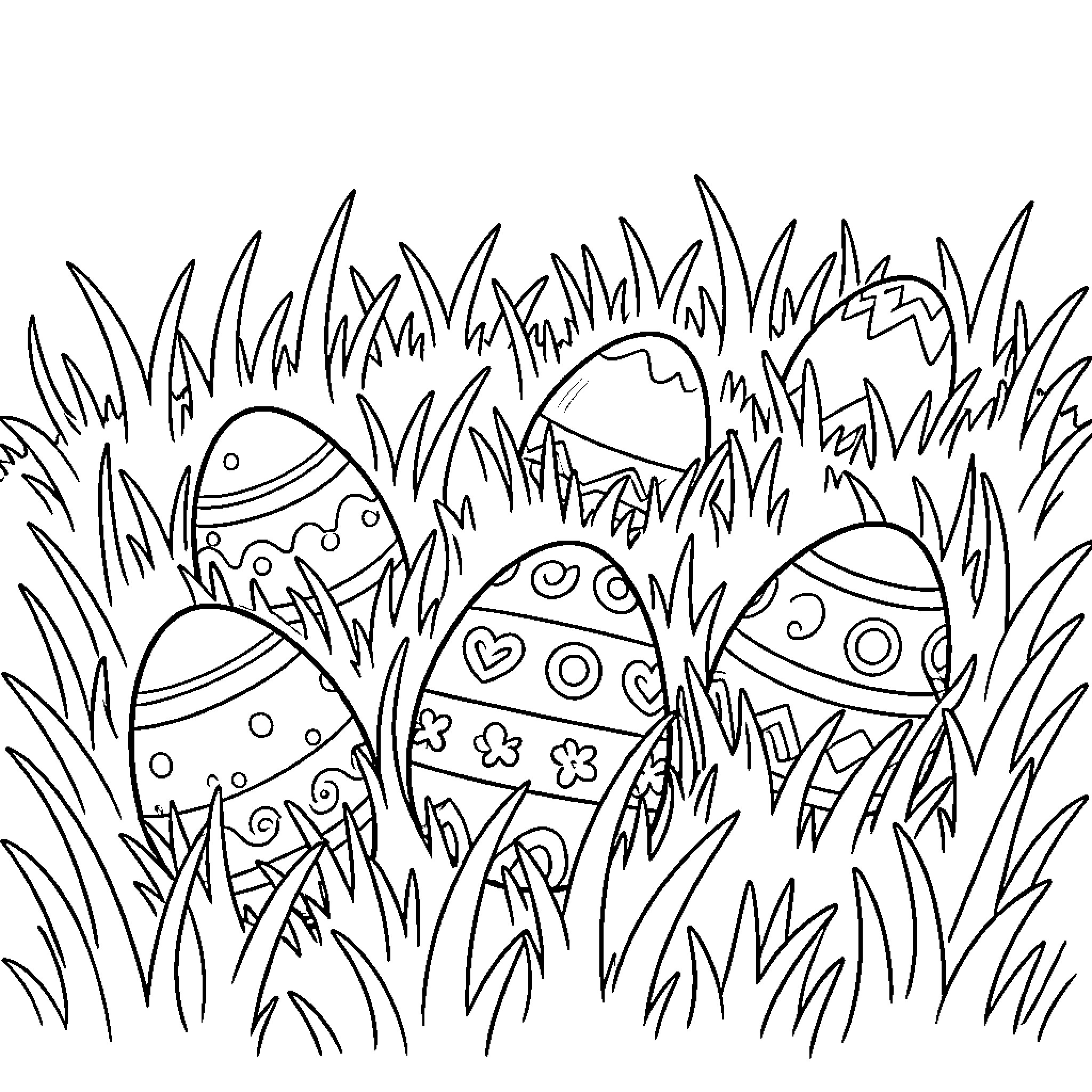 Easter Egg Hunt in the Grass Coloring Page (free black-and-white line drawing printable PDF for all, from beginners to advanced learners, including children, teens, adults, and seniors)