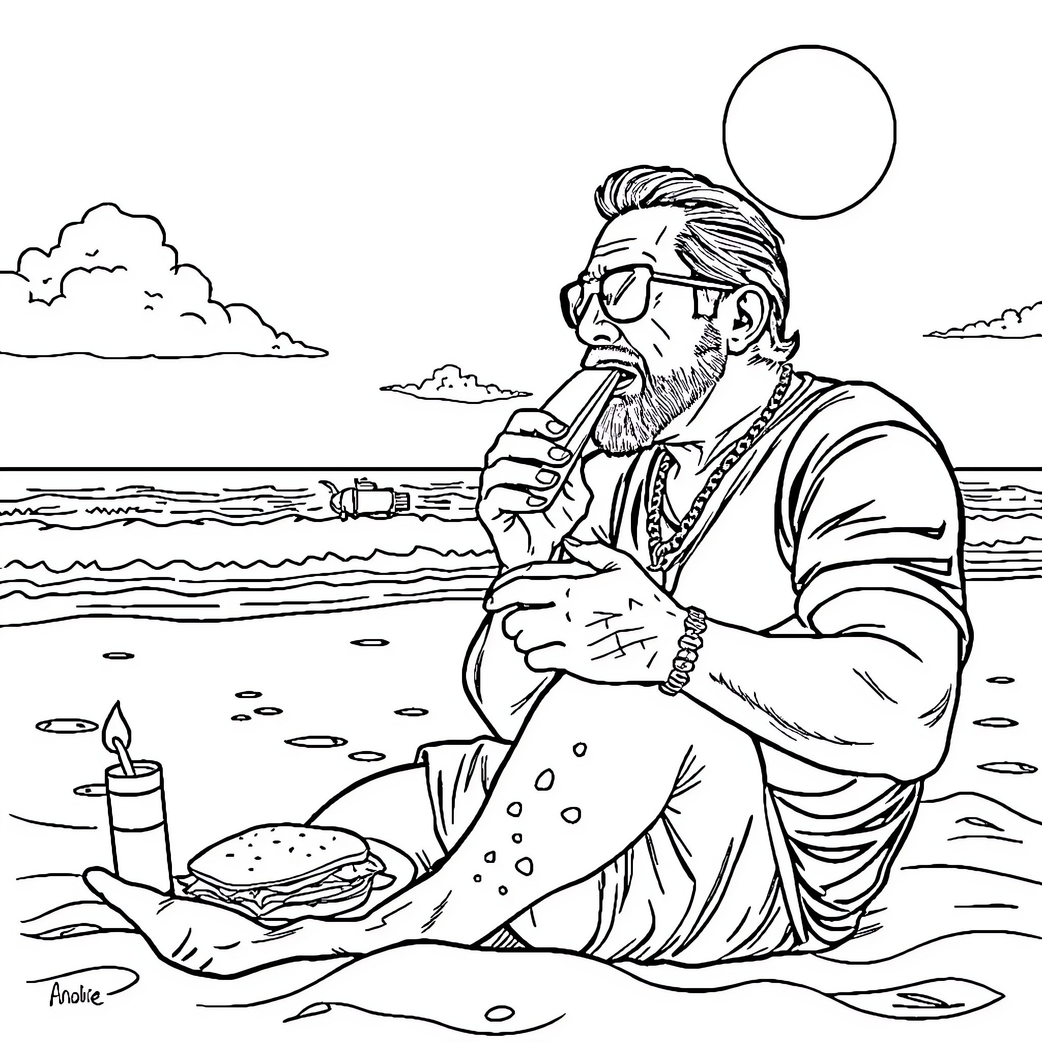 Danny Trejo contemplating a beachside meal Coloring Page (free black-and-white line drawing printable PDF for all, from beginners to advanced learners, including children, teens, adults, and seniors)