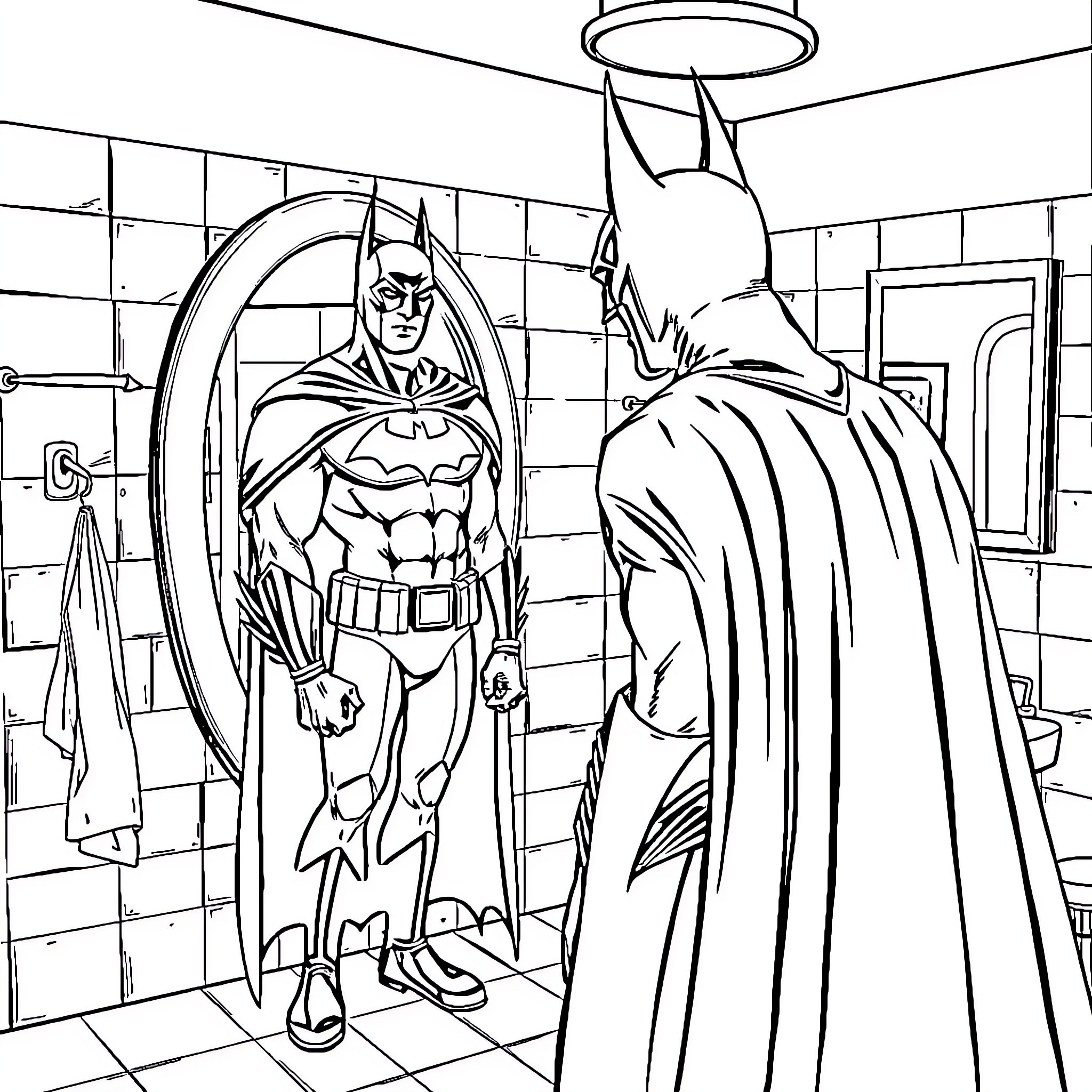 Batman examining his appearance in the mirror Coloring Page (free black-and-white line drawing printable PDF for all, from beginners to advanced learners, including children, teens, adults, and seniors)