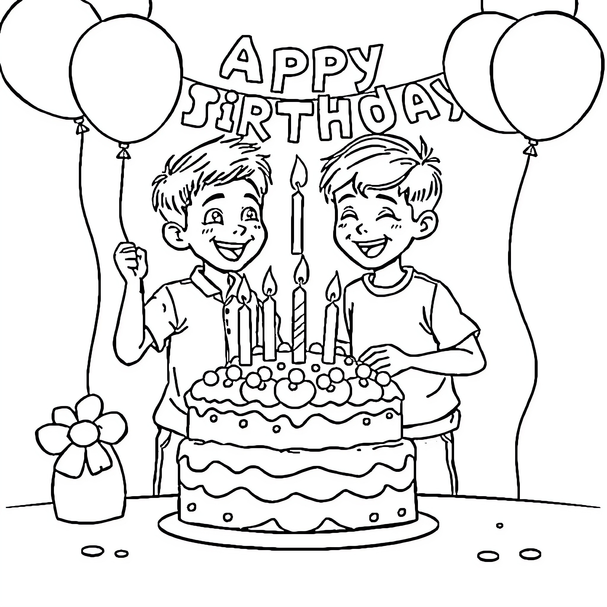 Saja Boys Celebrate Happy Birthday with Cake and Balloons Coloring Page (free black-and-white line drawing printable PDF for all, from beginners to advanced learners, including children, teens, adults, and seniors)