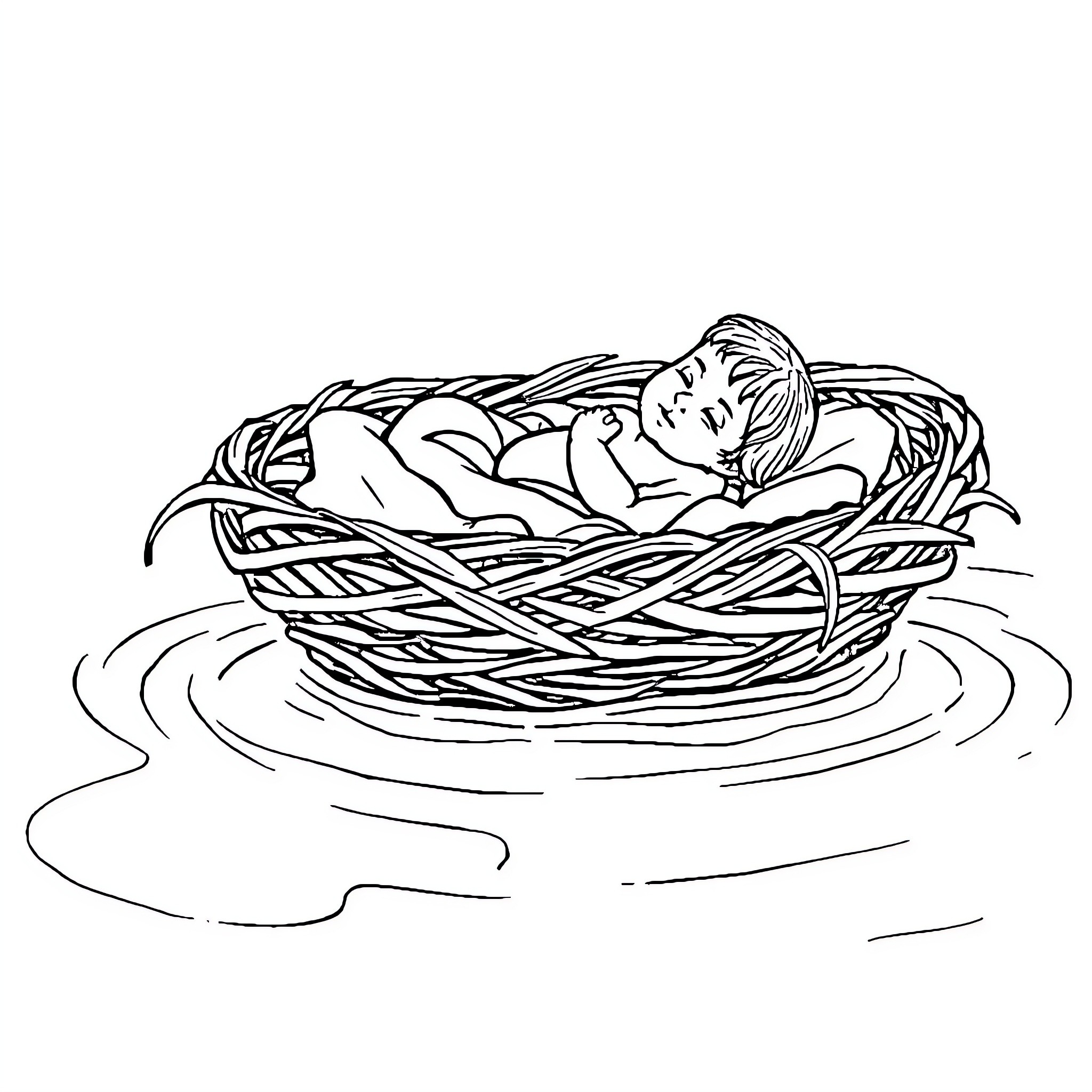 Moses resting peacefully in a woven basket Coloring Page (free black-and-white line drawing printable PDF for all, from beginners to advanced learners, including children, teens, adults, and seniors)