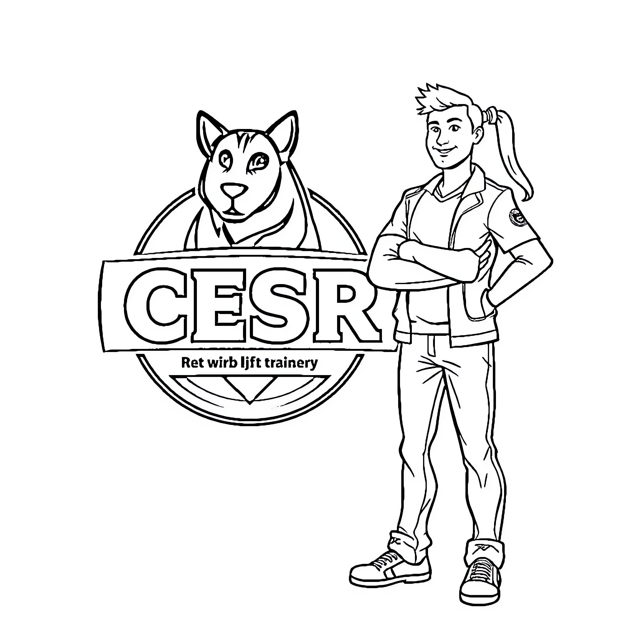 Logo of Dog and Worker in Professional Attire Coloring Page (free black-and-white line drawing printable PDF for all, from beginners to advanced learners, including children, teens, adults, and seniors)