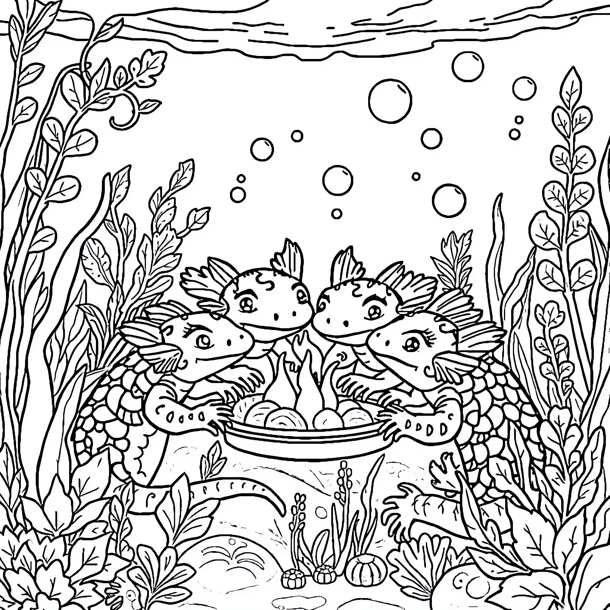 Axolotls swimming playfully in an aquatic garden Coloring Page (free black-and-white line drawing printable PDF for all, from beginners to advanced learners, including children, teens, adults, and seniors)