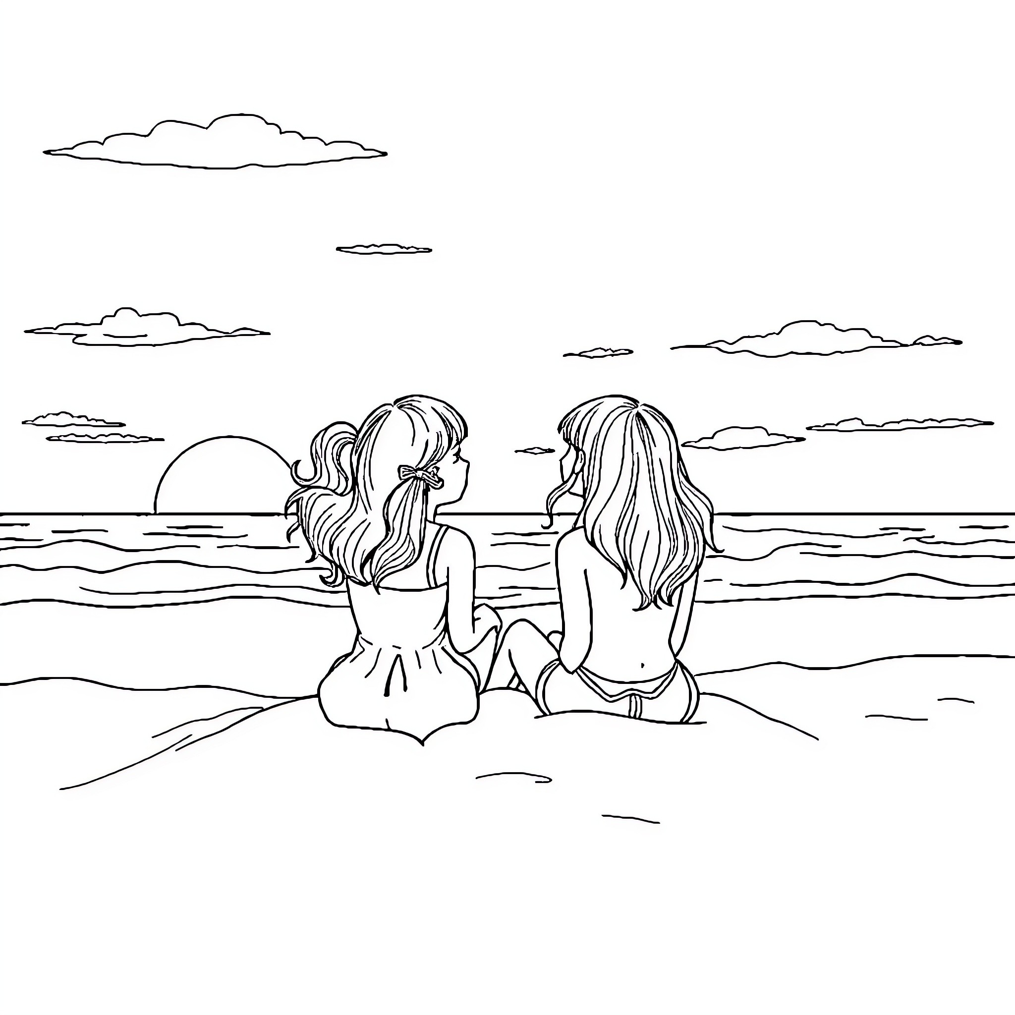 Girls watching sunset at the beach Coloring Page (free black-and-white line drawing printable PDF for all, from beginners to advanced learners, including children, teens, adults, and seniors)