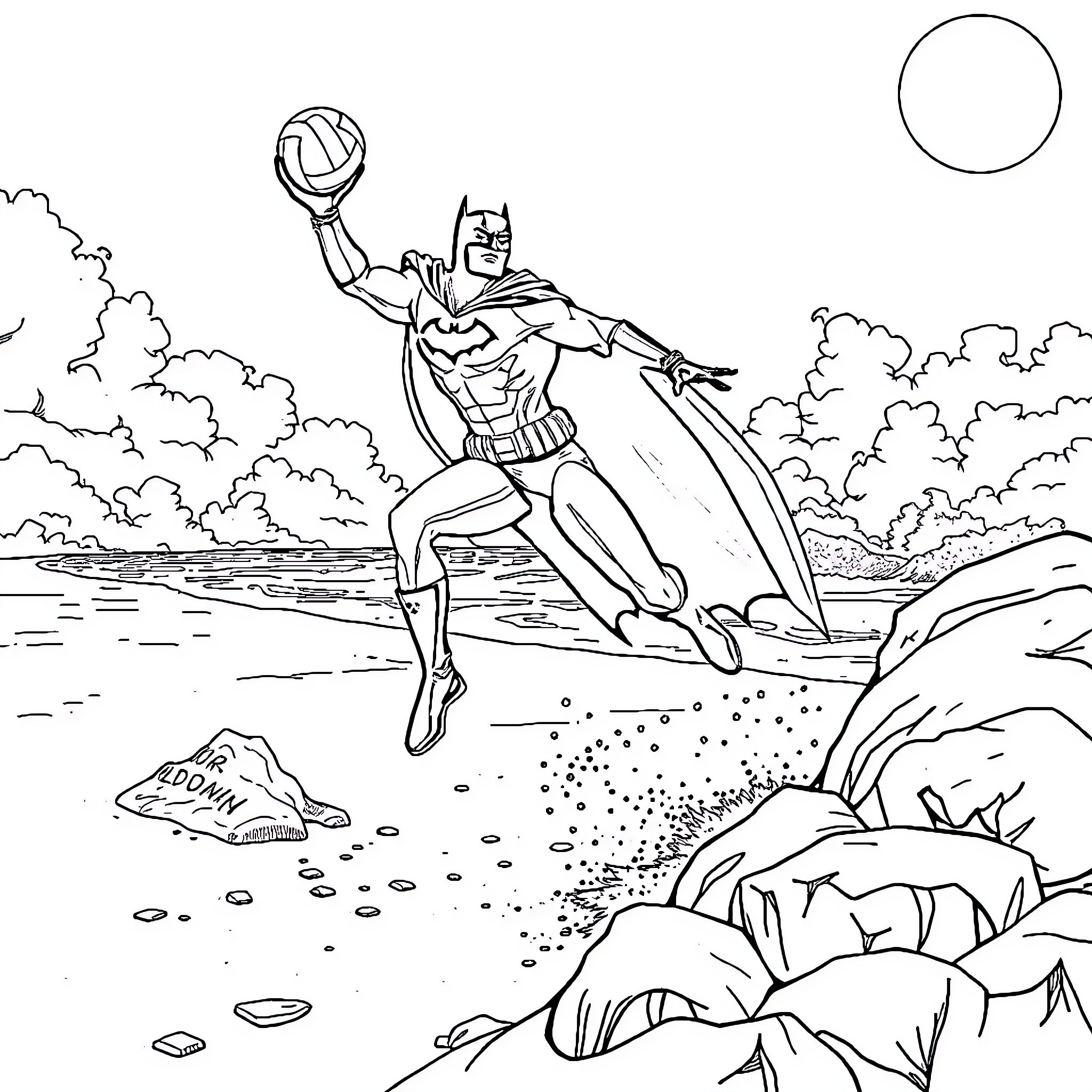 Batman Soaring with Volleyball in the Sky Coloring Page (free black-and-white line drawing printable PDF for all, from beginners to advanced learners, including children, teens, adults, and seniors)