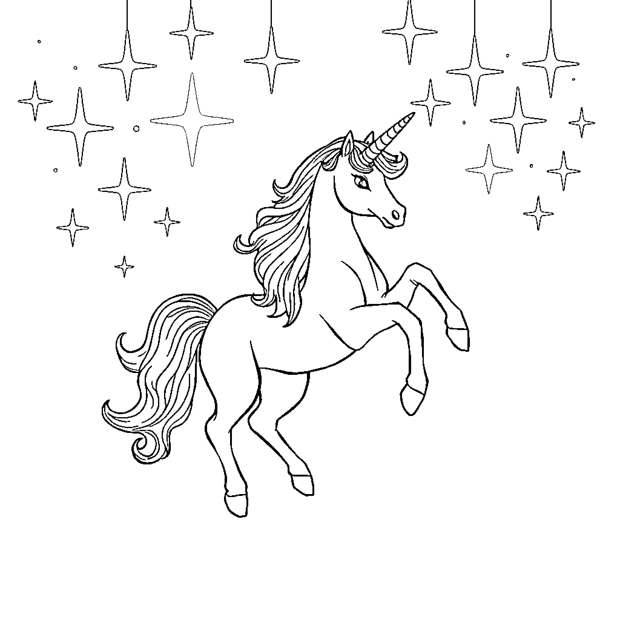 Unicorn dancing under the stars Coloring Page (free black-and-white line drawing printable PDF for all, from beginners to advanced learners, including children, teens, adults, and seniors)