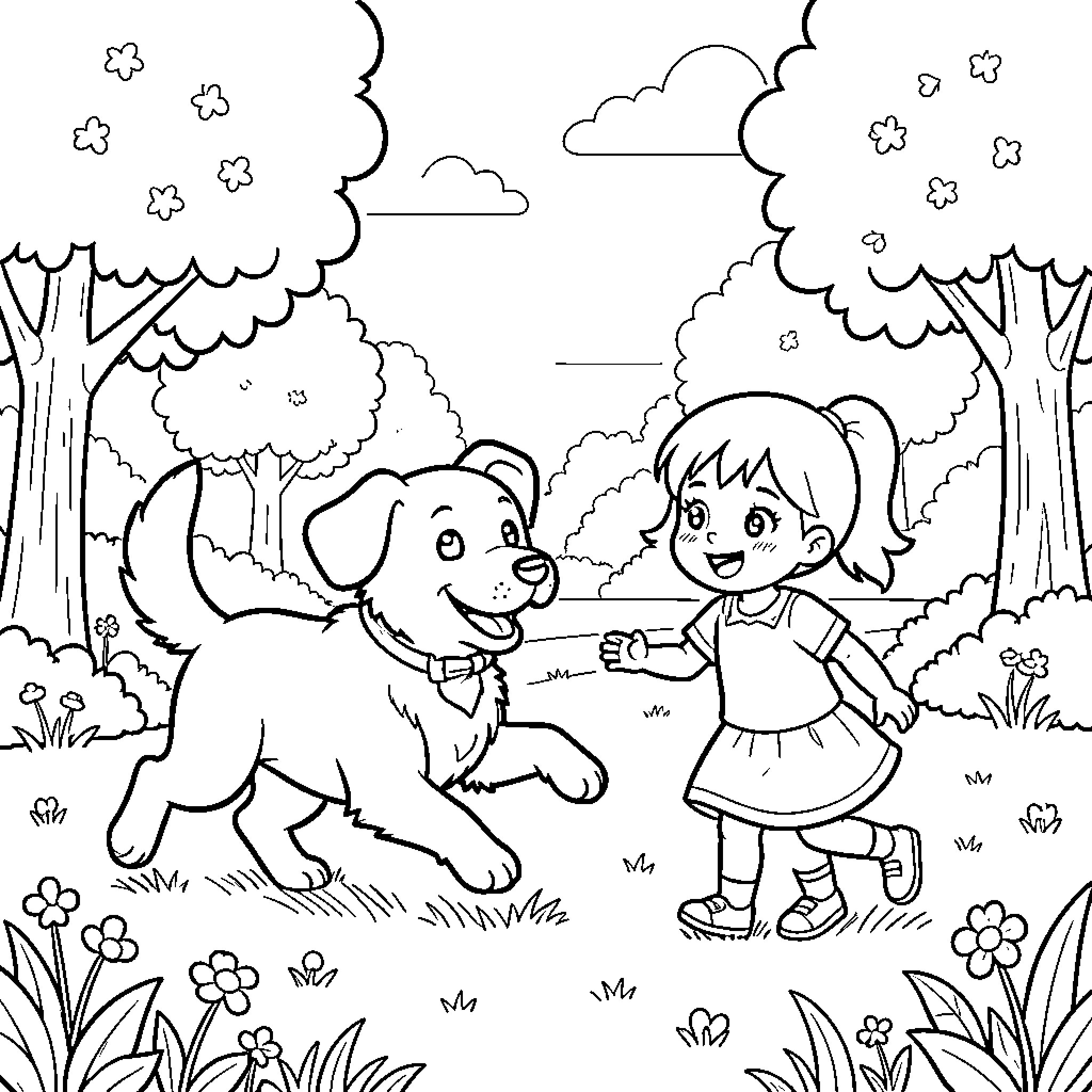 Dog and Girl Playing in the Park Coloring Page (free black-and-white line drawing printable PDF for all, from beginners to advanced learners, including children, teens, adults, and seniors)