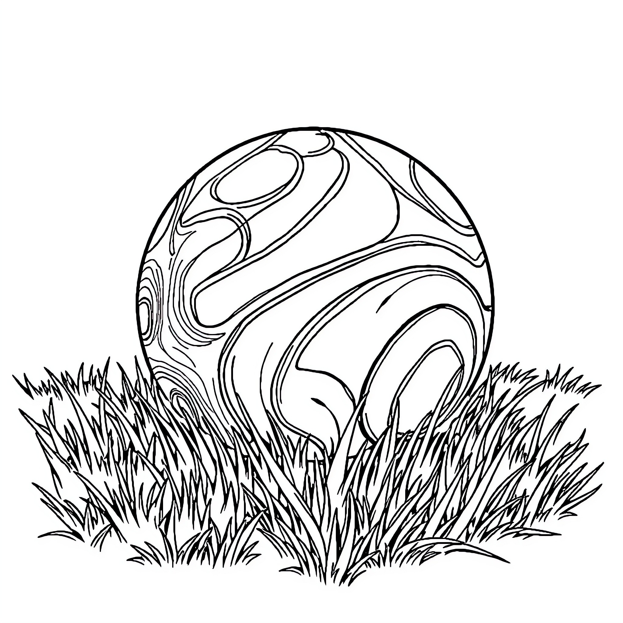 Ball resting in grassy field Coloring Page (free black-and-white line drawing printable PDF for all, from beginners to advanced learners, including children, teens, adults, and seniors)