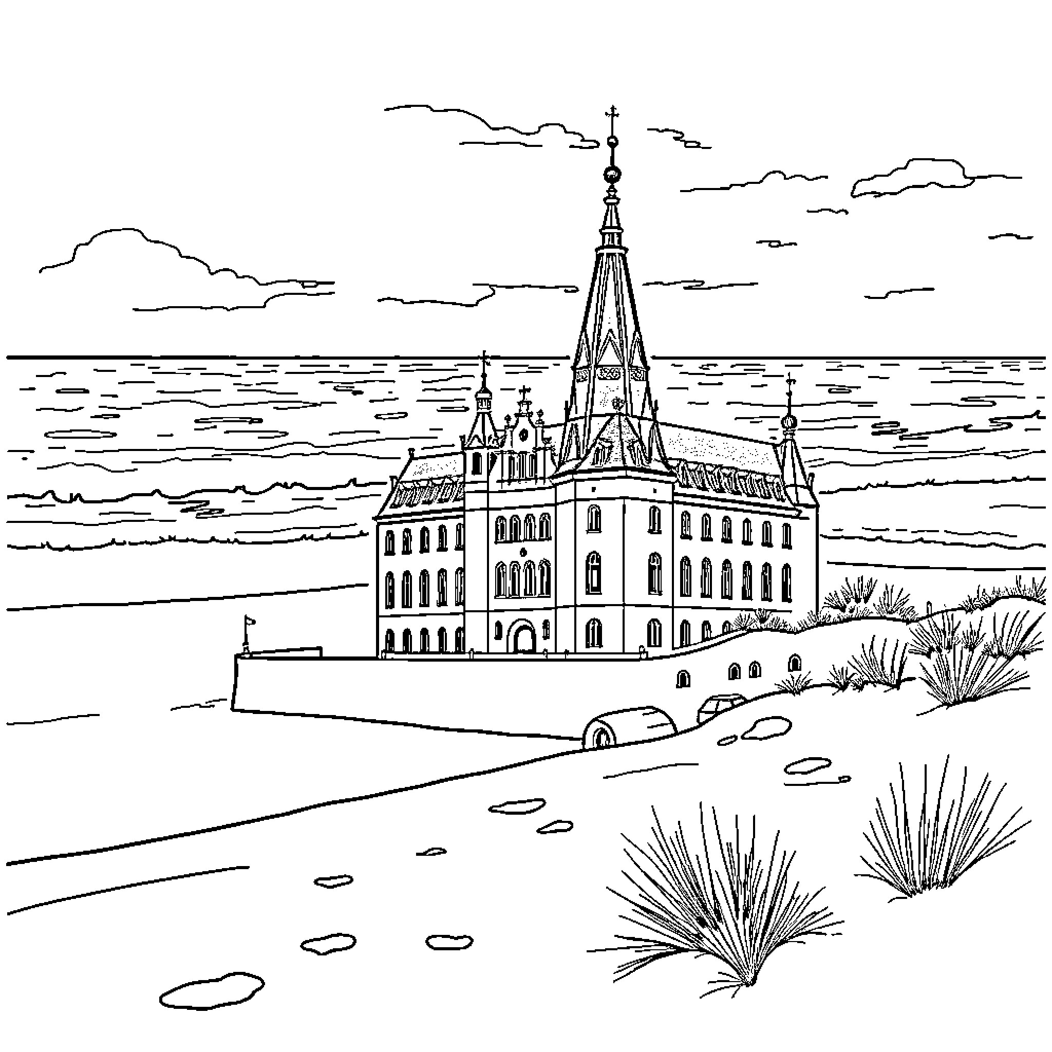 Duchess in a serene landscape with a majestic cathedral Coloring Page (free black-and-white line drawing printable PDF for all, from beginners to advanced learners, including children, teens, adults, and seniors)