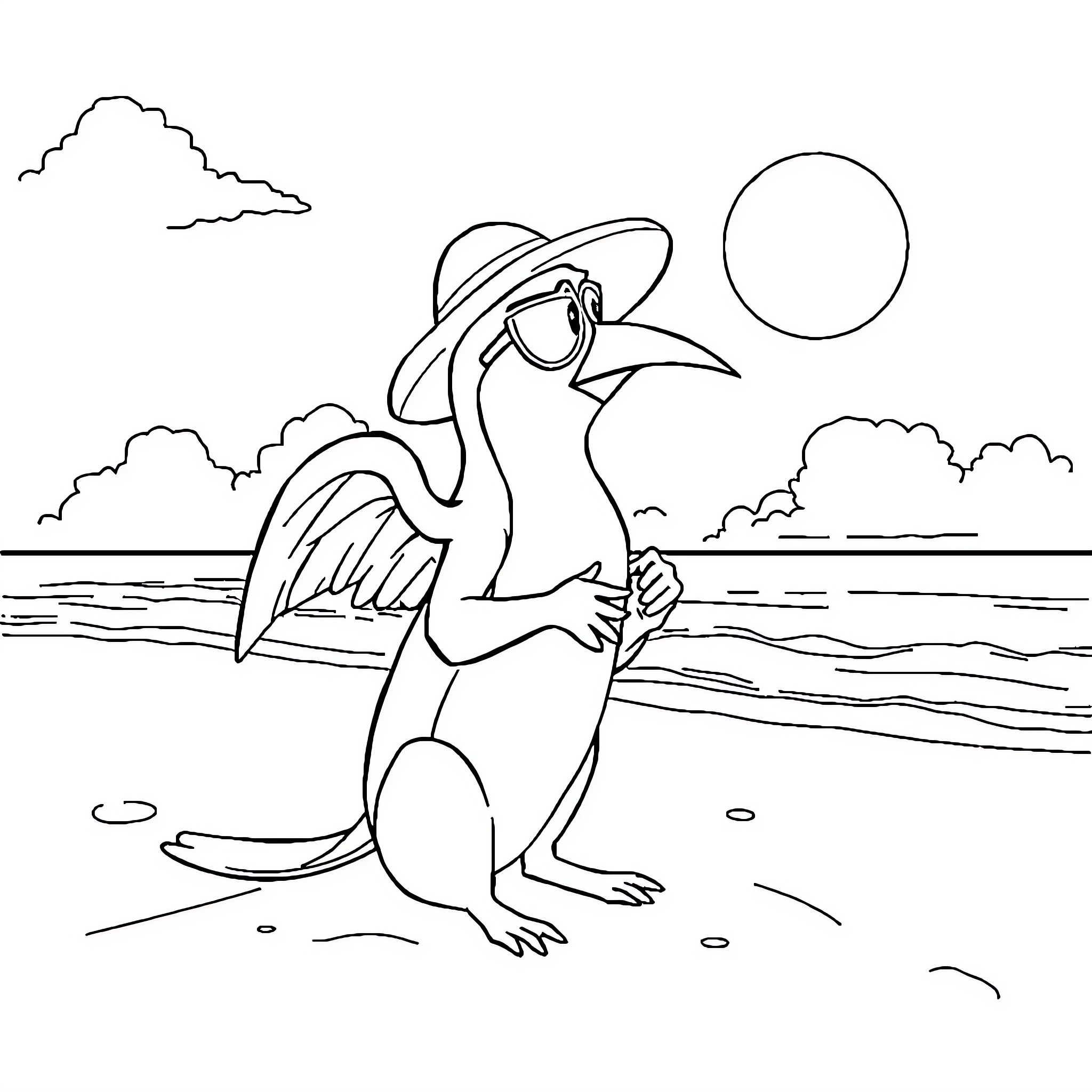 Paw Patrol character enjoying beach scenery Coloring Page (free black-and-white line drawing printable PDF for all, from beginners to advanced learners, including children, teens, adults, and seniors)