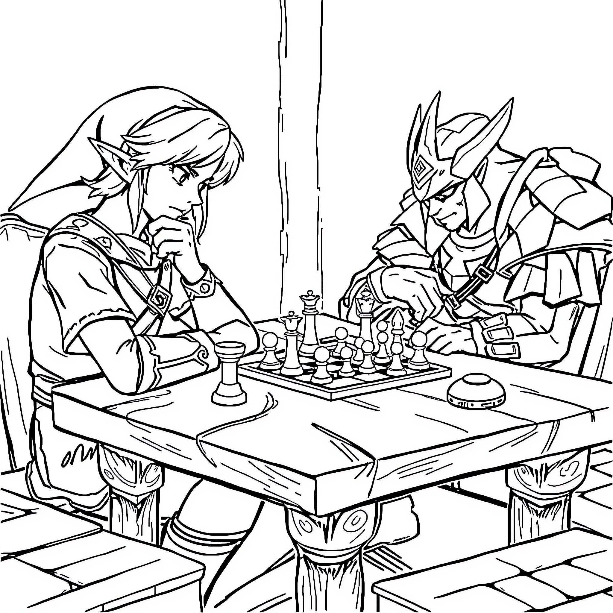 Link's Strategic Chess Game with a Masked Figure Coloring Page (free black-and-white line drawing printable PDF for all, from beginners to advanced learners, including children, teens, adults, and seniors)