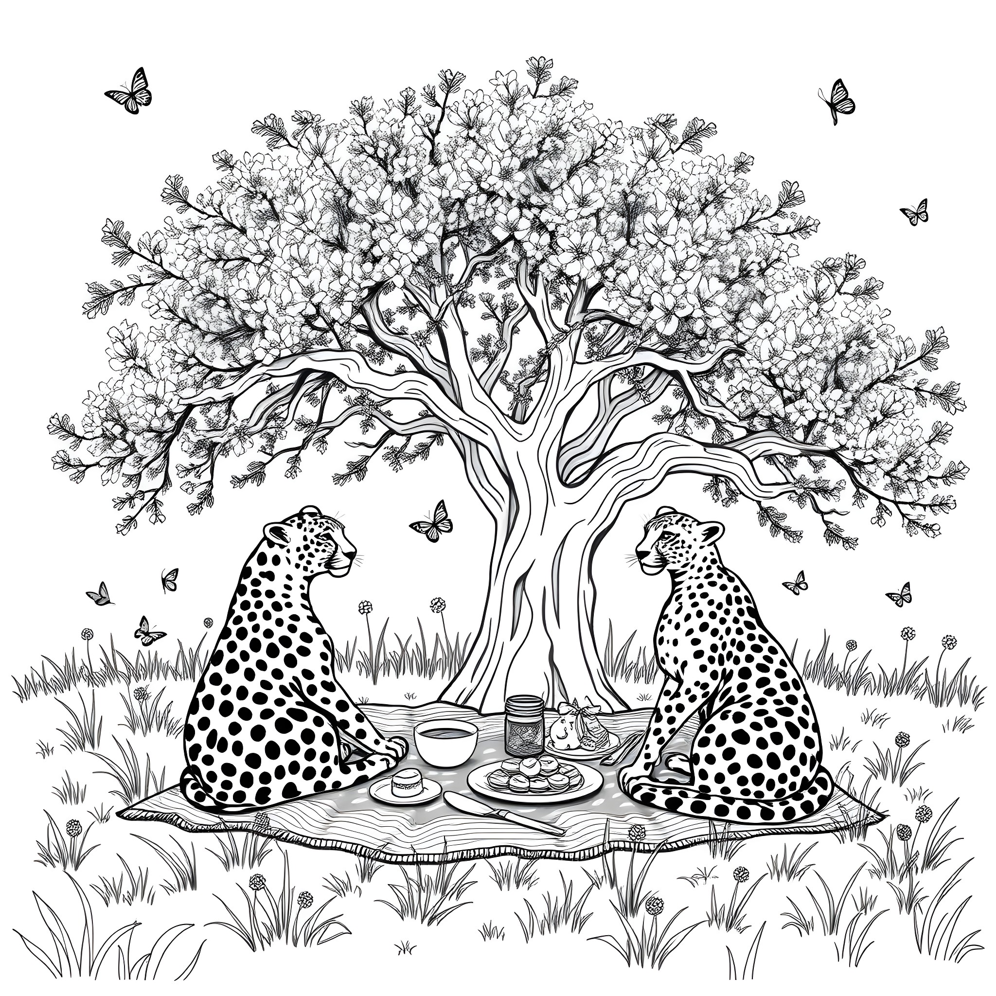 Leopard enjoying a picnic under a blossoming tree Coloring Page (free black-and-white line drawing printable PDF for all, from beginners to advanced learners, including children, teens, adults, and seniors)