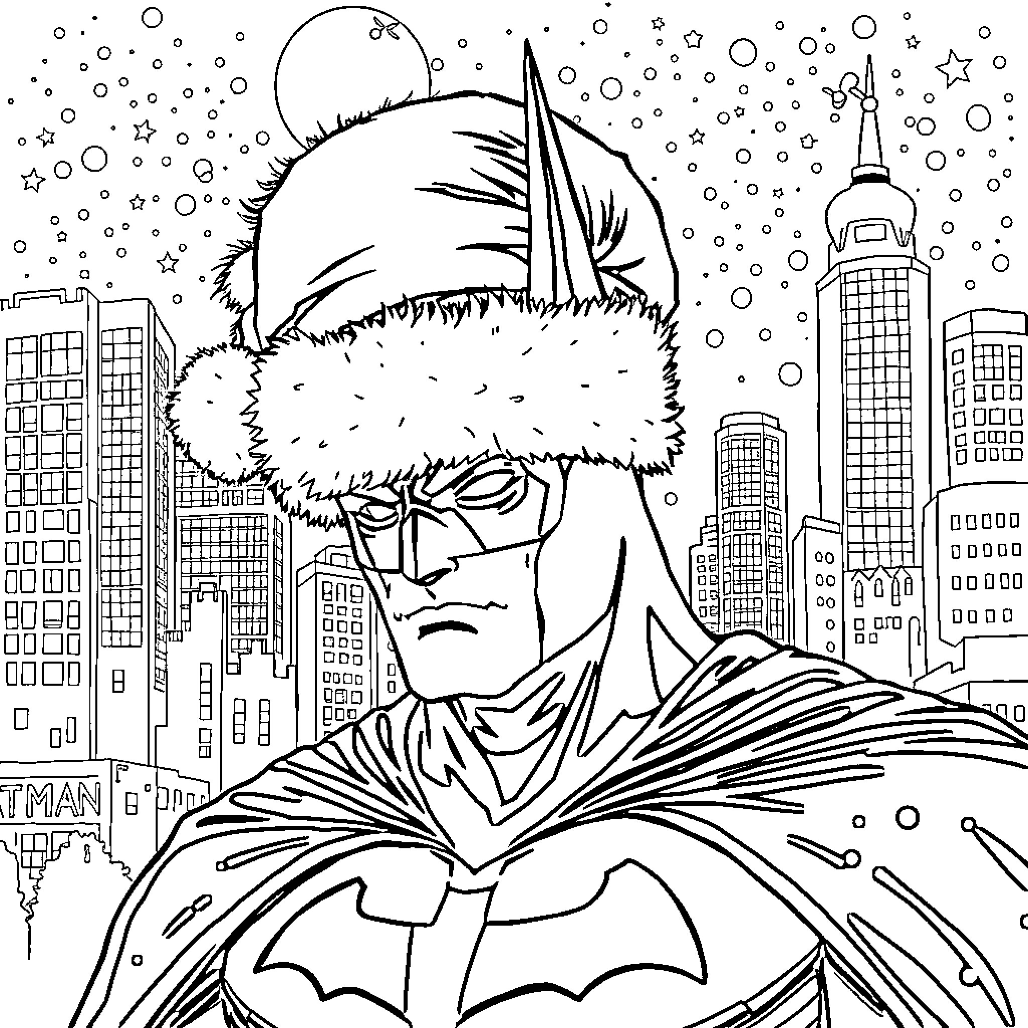 Batman facing the snowy cityscape at night Coloring Page (free black-and-white line drawing printable PDF for all, from beginners to advanced learners, including children, teens, adults, and seniors)
