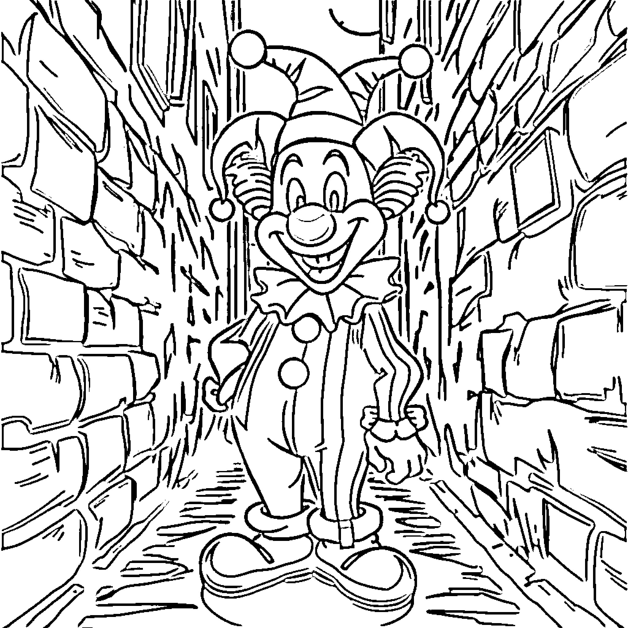 Art Joyful Clown Amid Abstract Shapes Coloring Page (free black-and-white line drawing printable PDF for all, from beginners to advanced learners, including children, teens, adults, and seniors)