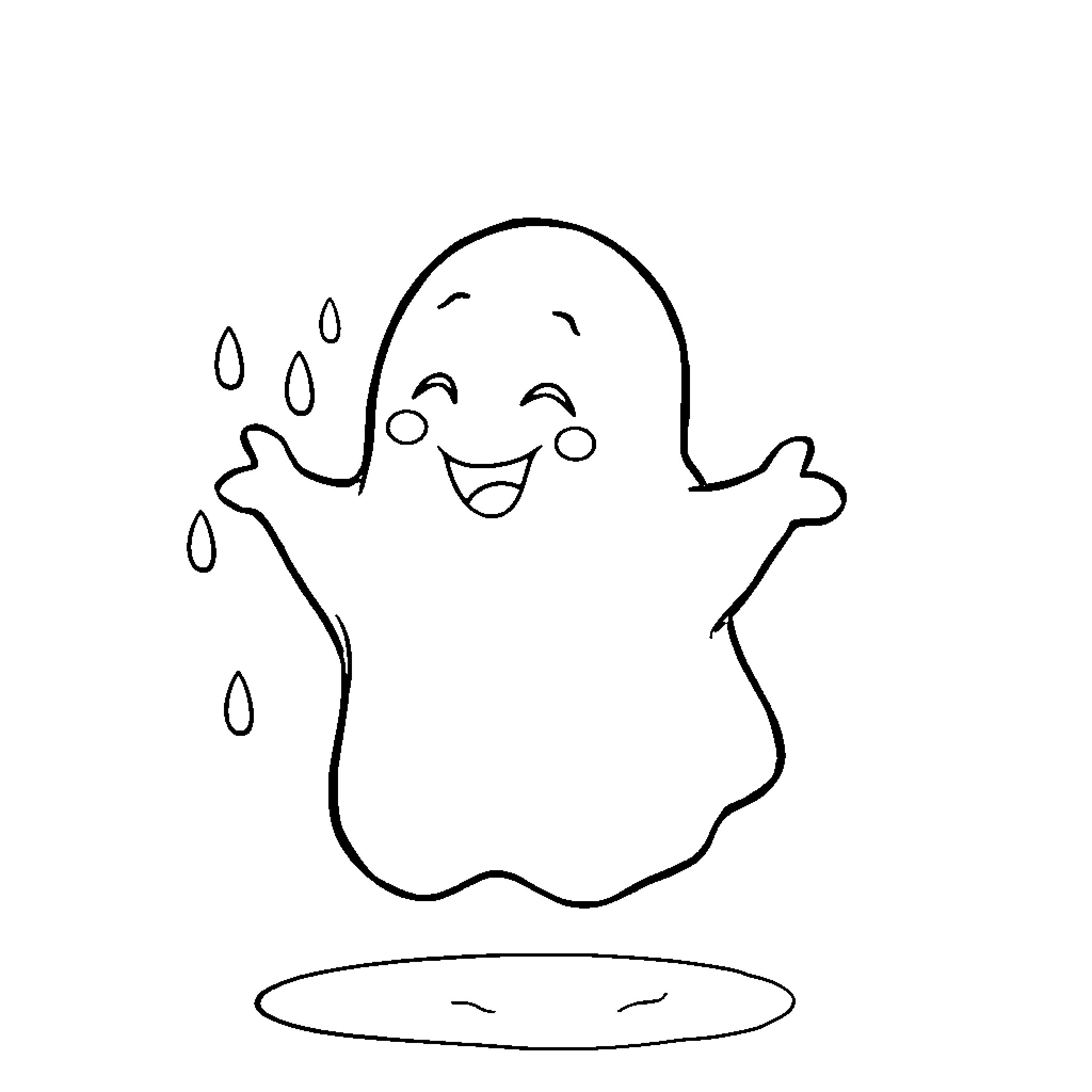 Ghost happily floating and smiling Coloring Page (free black-and-white line drawing printable PDF for all, from beginners to advanced learners, including children, teens, adults, and seniors)