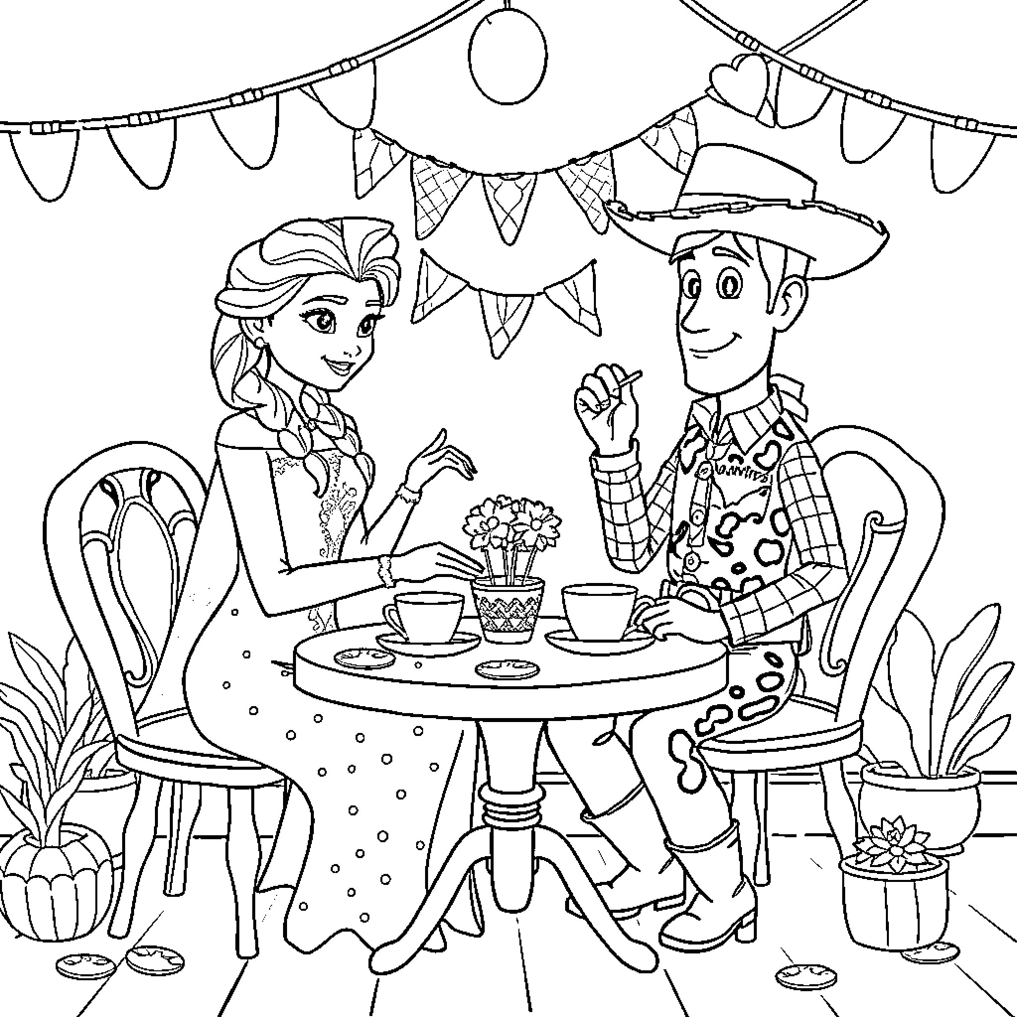 Elsa and Woody enjoying a festive picnic Coloring Page (free black-and-white line drawing printable PDF for all, from beginners to advanced learners, including children, teens, adults, and seniors)