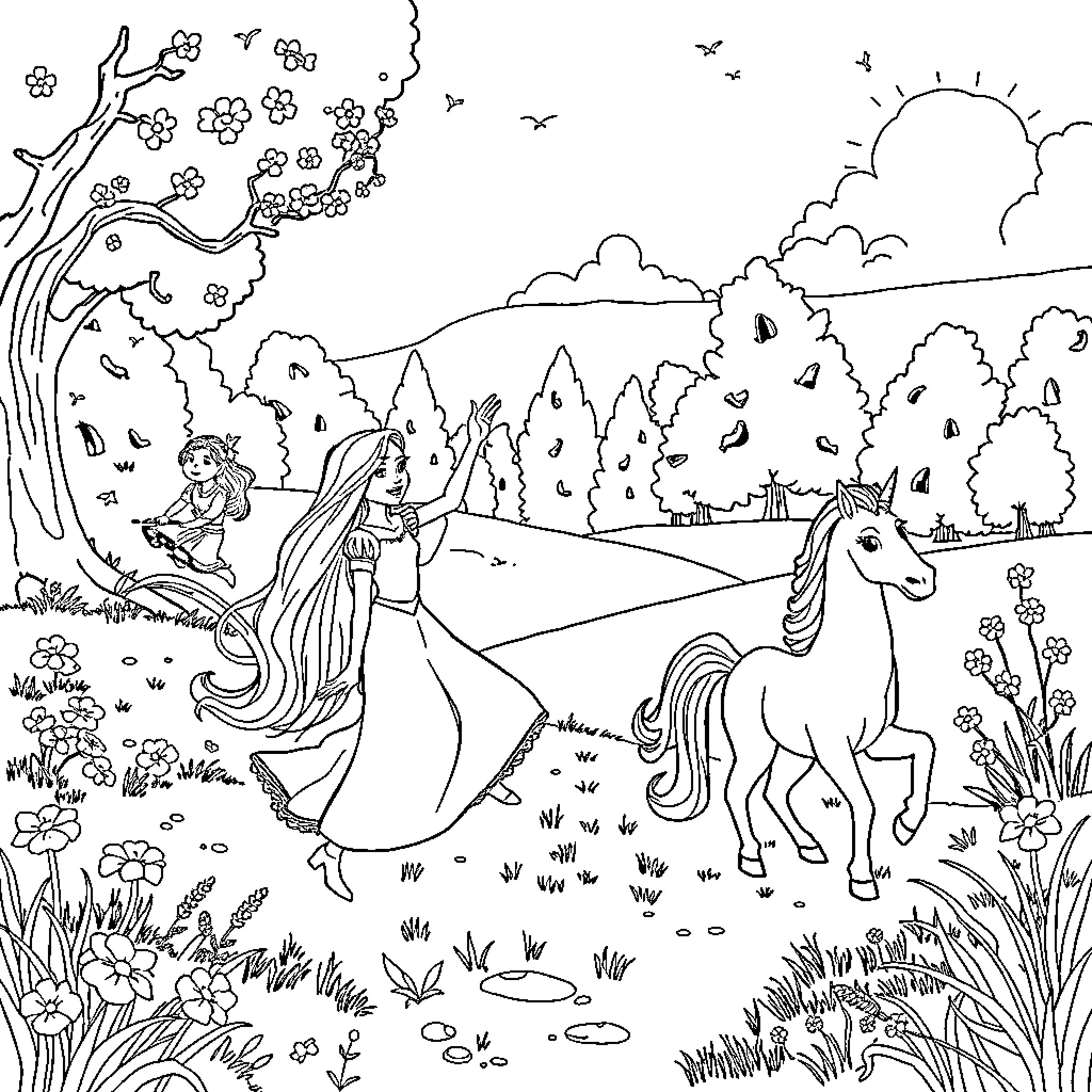 Rapunzel exploring the enchanted forest with her unicorn Coloring Page (free black-and-white line drawing printable PDF for all, from beginners to advanced learners, including children, teens, adults, and seniors)