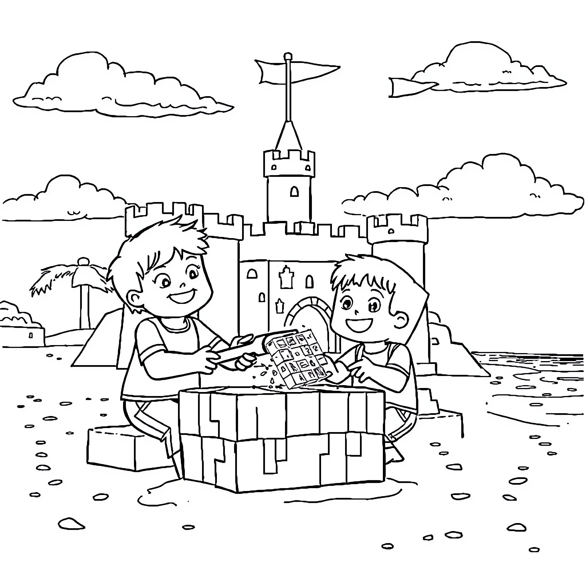 Children playing with building blocks near castle Coloring Page (free black-and-white line drawing printable PDF for all, from beginners to advanced learners, including children, teens, adults, and seniors)