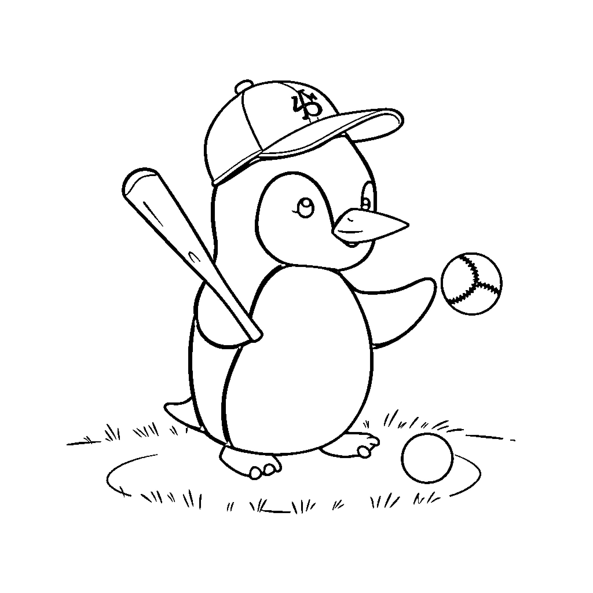 Penguin playing baseball with ball Coloring Page (free black-and-white line drawing printable PDF for all, from beginners to advanced learners, including children, teens, adults, and seniors)