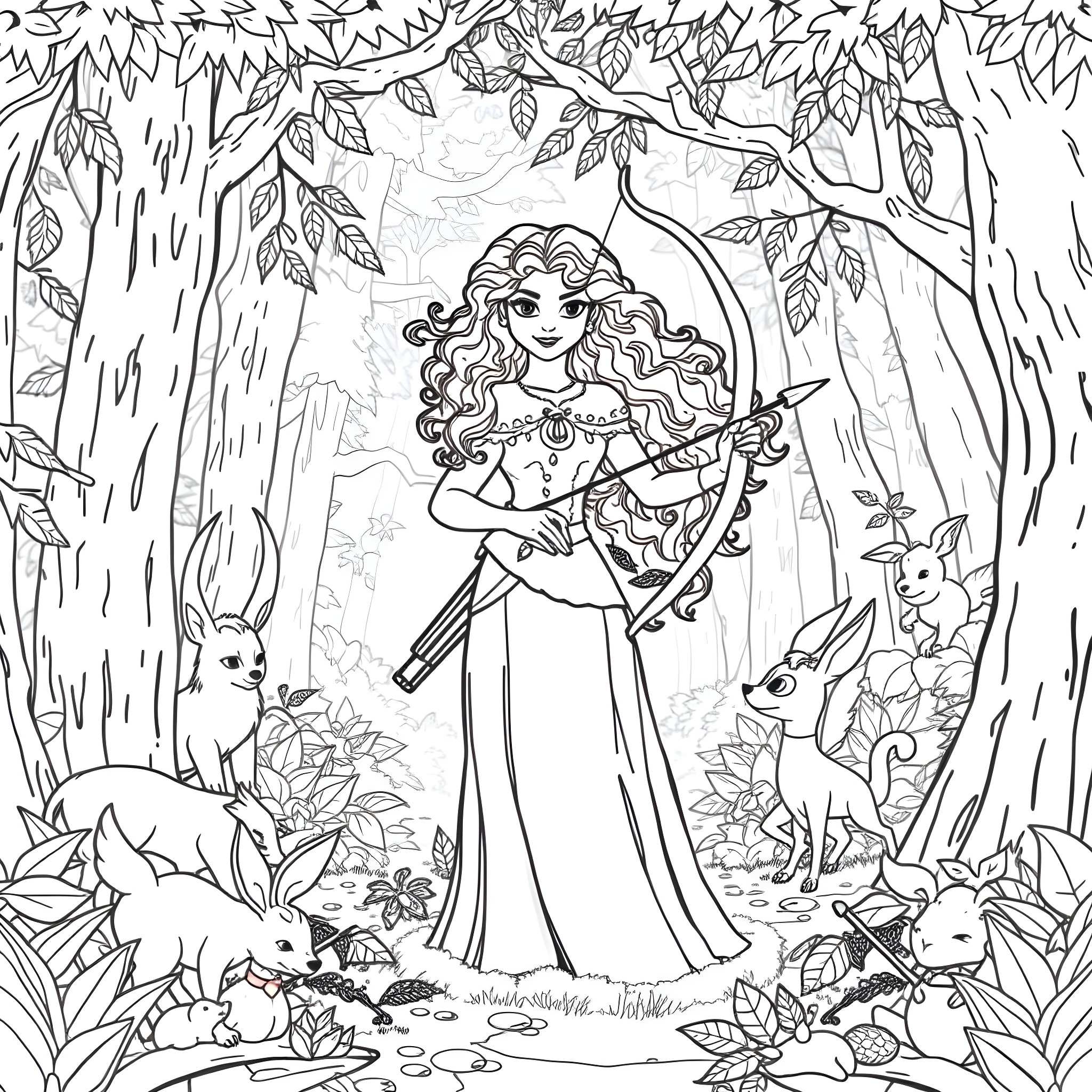 Merida encountering forest creatures in the woods Coloring Page (free black-and-white line drawing printable PDF for all, from beginners to advanced learners, including children, teens, adults, and seniors)