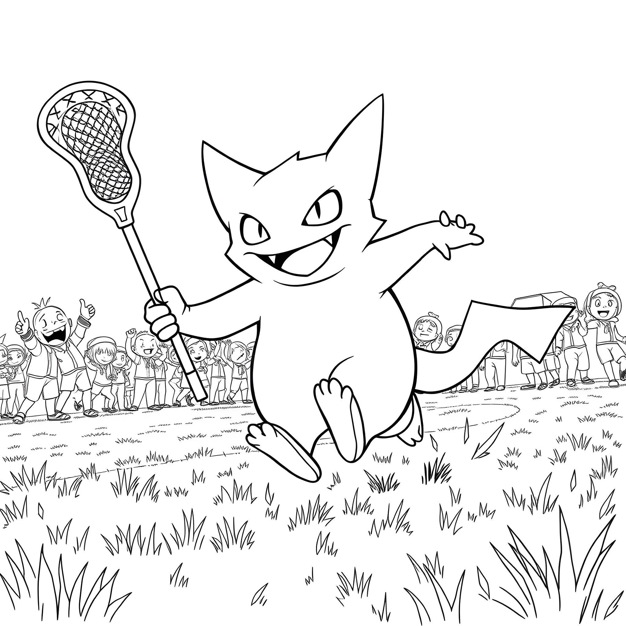 Gengar playing lacrosse with children in the park Coloring Page (free black-and-white line drawing printable PDF for all, from beginners to advanced learners, including children, teens, adults, and seniors)