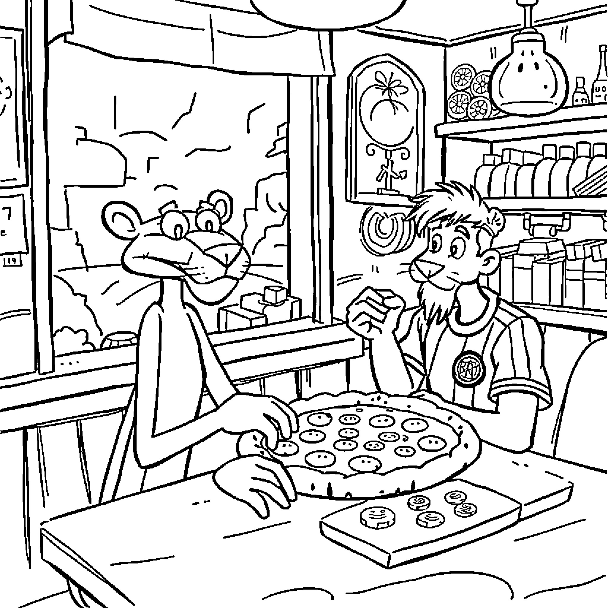Pink Panther Baking Cookies with Friend Coloring Page (free black-and-white line drawing printable PDF for all, from beginners to advanced learners, including children, teens, adults, and seniors)