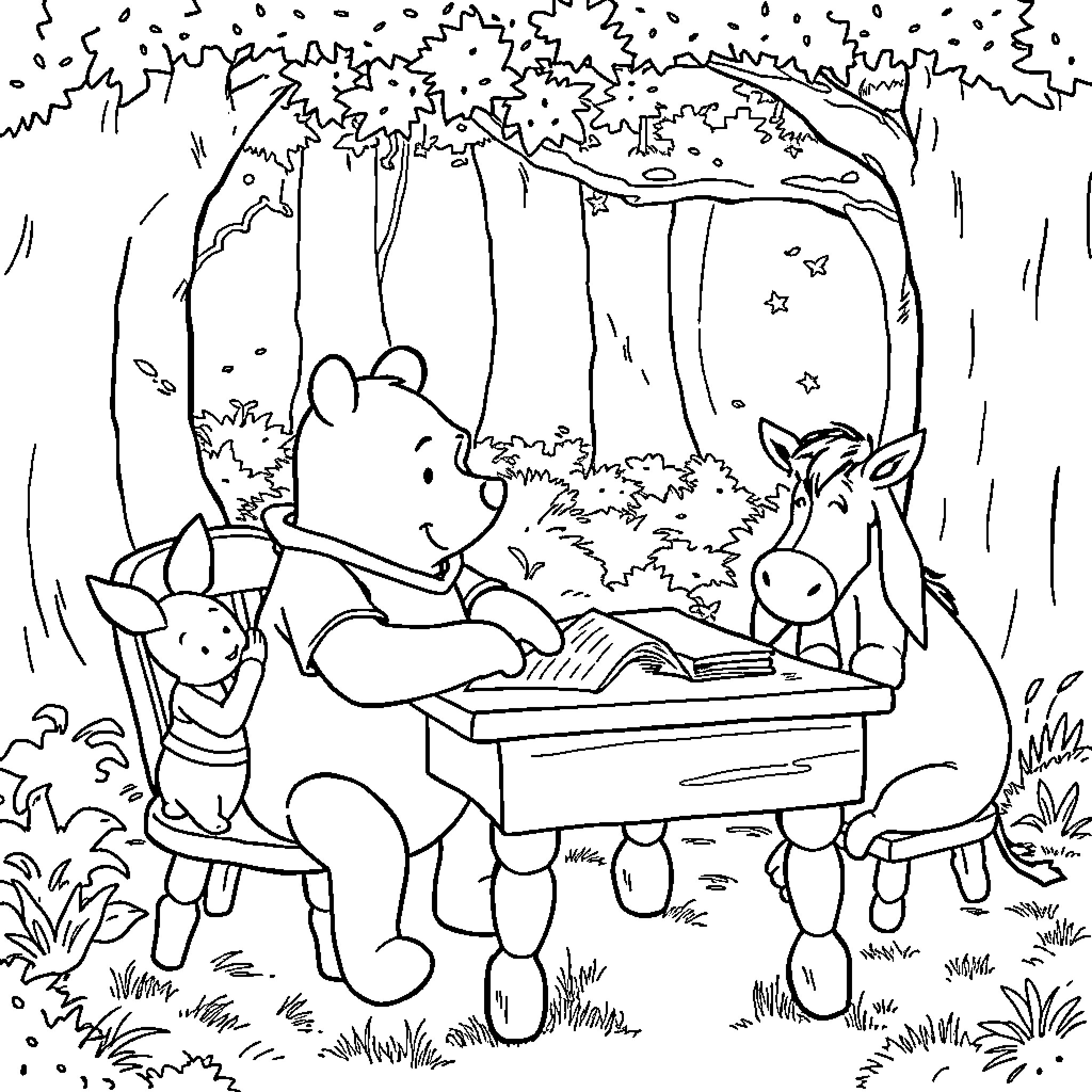 Winnie The Pooh enjoying story time with animal friends Coloring Page (free black-and-white line drawing printable PDF for all, from beginners to advanced learners, including children, teens, adults, and seniors)
