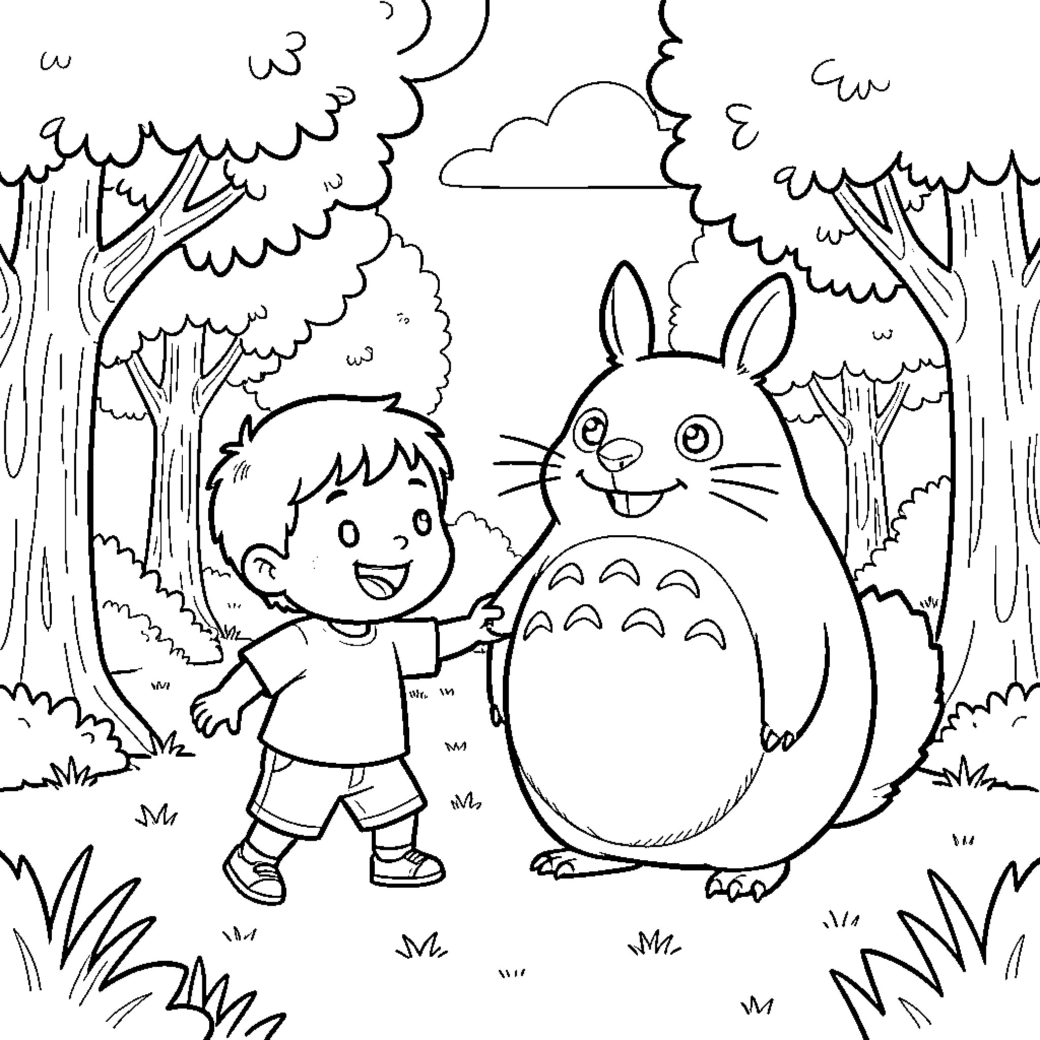 Caillou standing next to a large smiling rabbit creature Coloring Page (free black-and-white line drawing printable PDF for all, from beginners to advanced learners, including children, teens, adults, and seniors)
