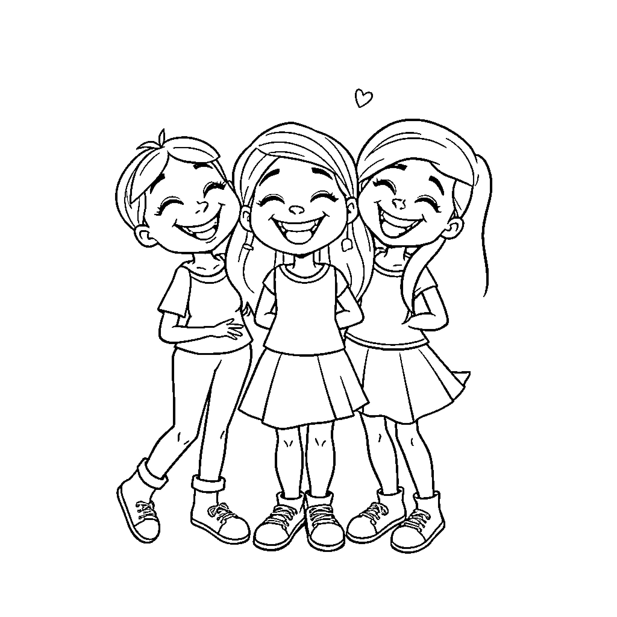 Didi's Joyful Trio: Three Smiling Friends Coloring Page (free black-and-white line drawing printable PDF for all, from beginners to advanced learners, including children, teens, adults, and seniors)