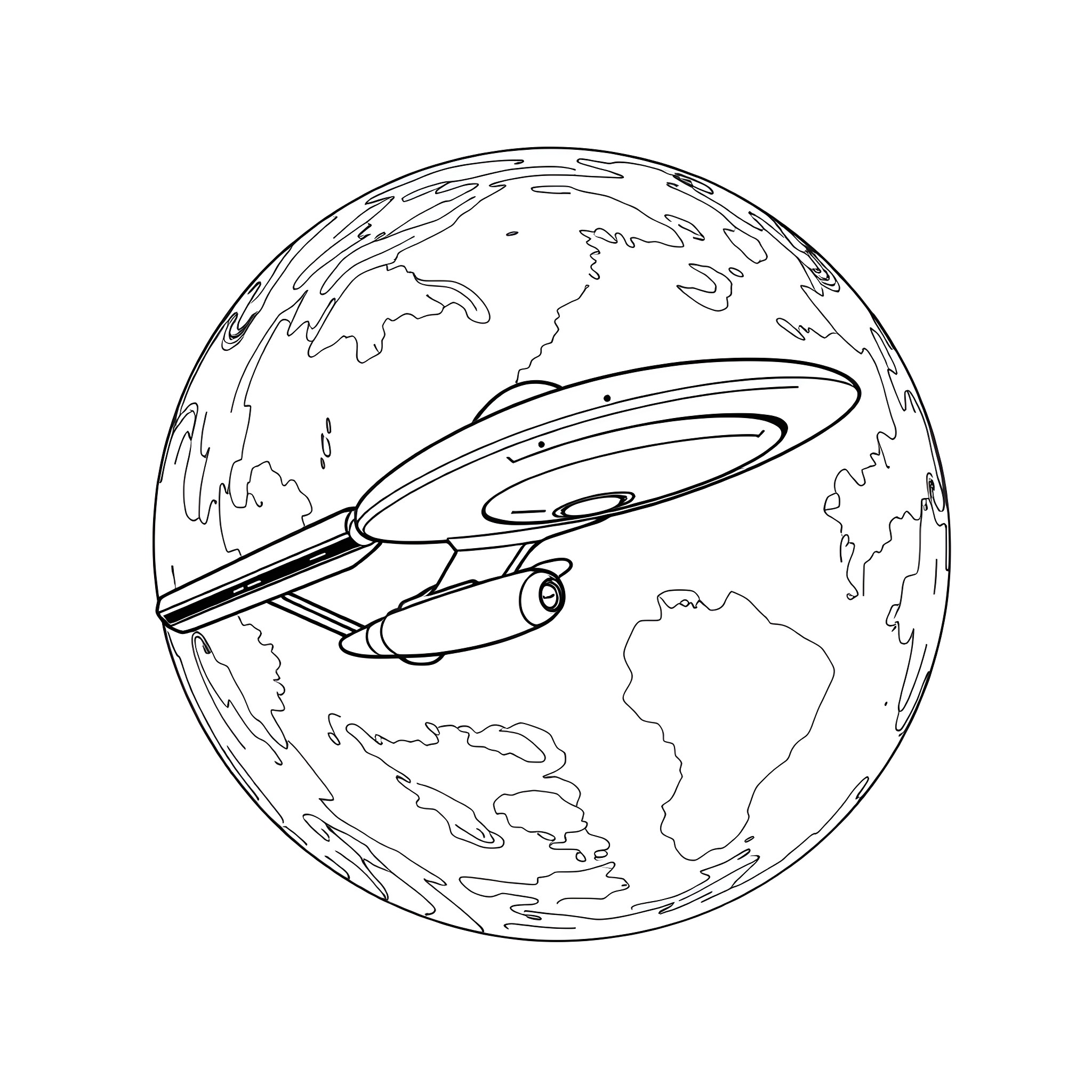 Enterprise exploring the planet Earth Coloring Page (free black-and-white line drawing printable PDF for all, from beginners to advanced learners, including children, teens, adults, and seniors)