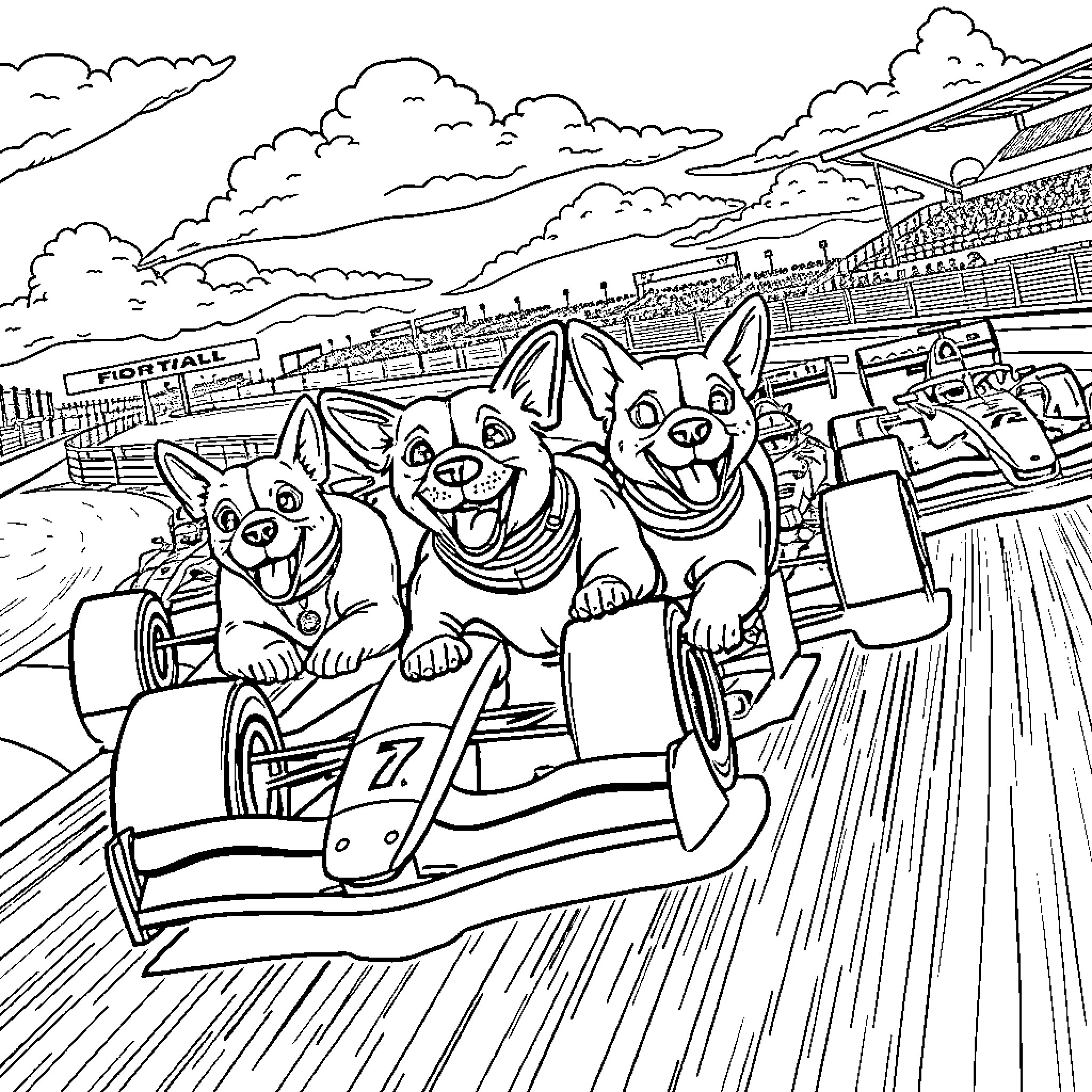 Dogs enjoying a thrilling race on the track Coloring Page (free black-and-white line drawing printable PDF for all, from beginners to advanced learners, including children, teens, adults, and seniors)