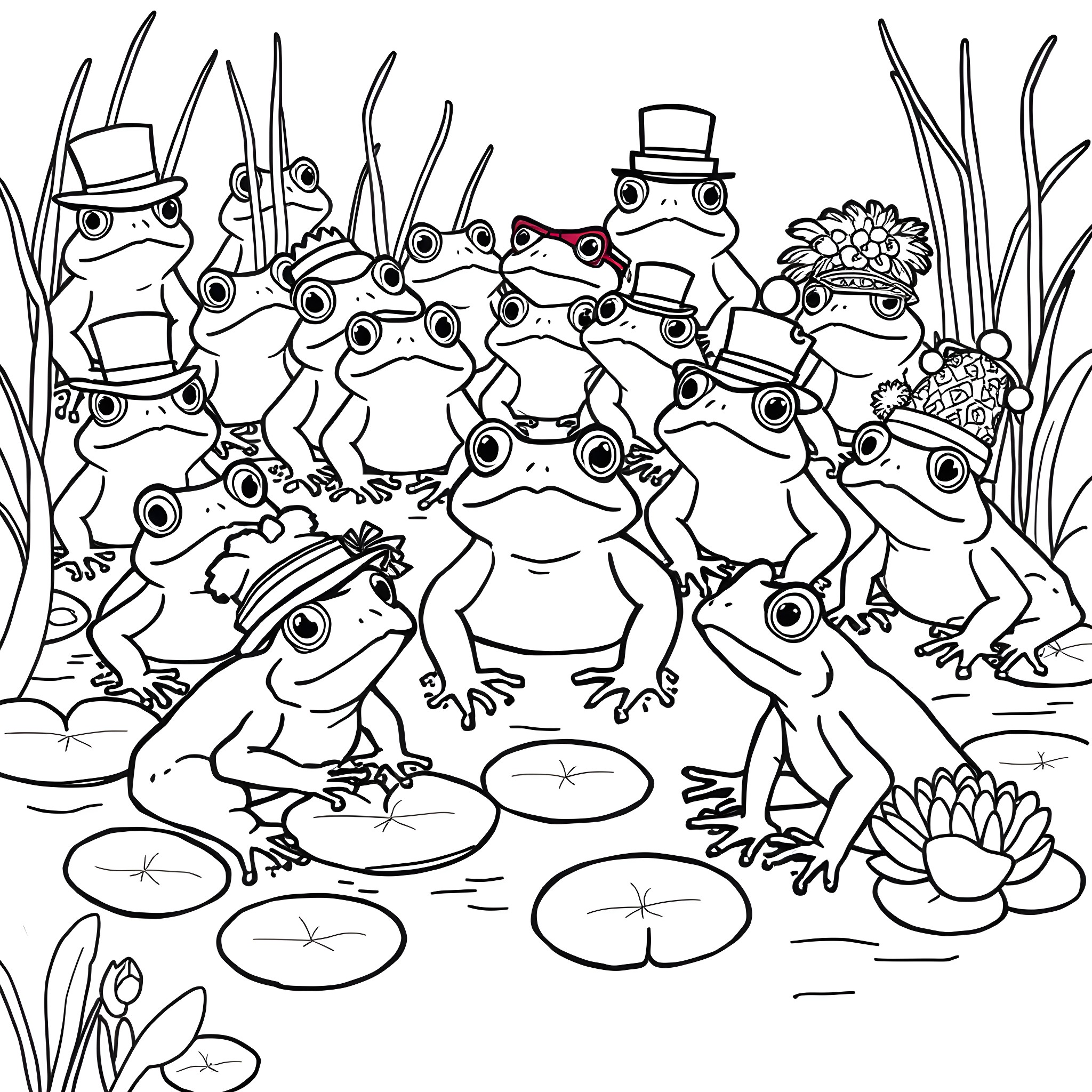 Frog friends gathering for a tea party in the pond Coloring Page (free black-and-white line drawing printable PDF for all, from beginners to advanced learners, including children, teens, adults, and seniors)