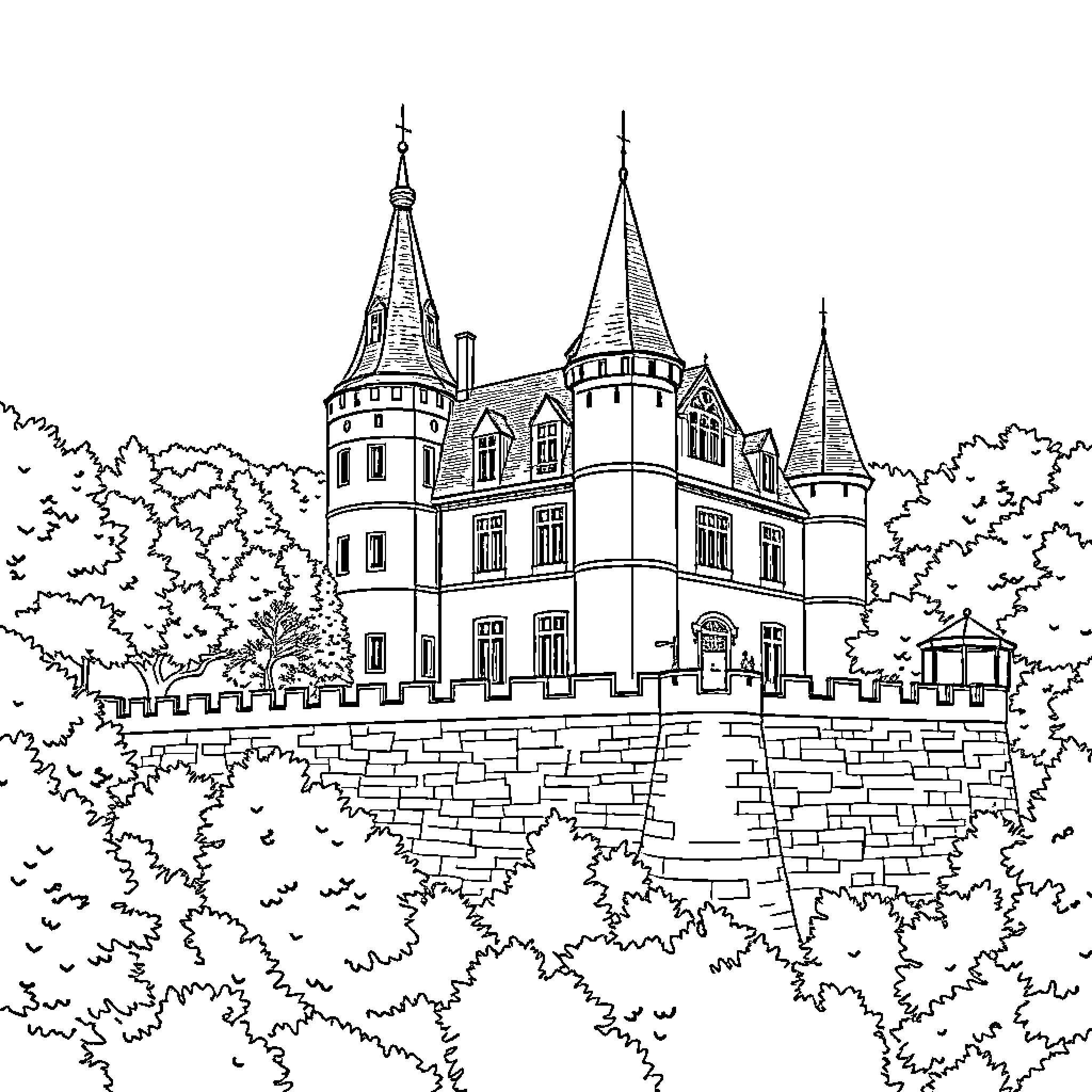 Château Surrounded by Lush Foliage and Architecture Coloring Page (free black-and-white line drawing printable PDF for all, from beginners to advanced learners, including children, teens, adults, and seniors)