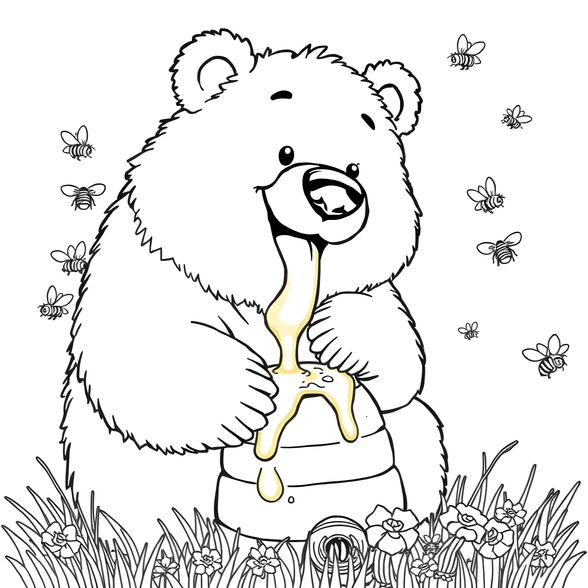 Bear enjoying honey in a flower field Coloring Page (free black-and-white line drawing printable PDF for all, from beginners to advanced learners, including children, teens, adults, and seniors)