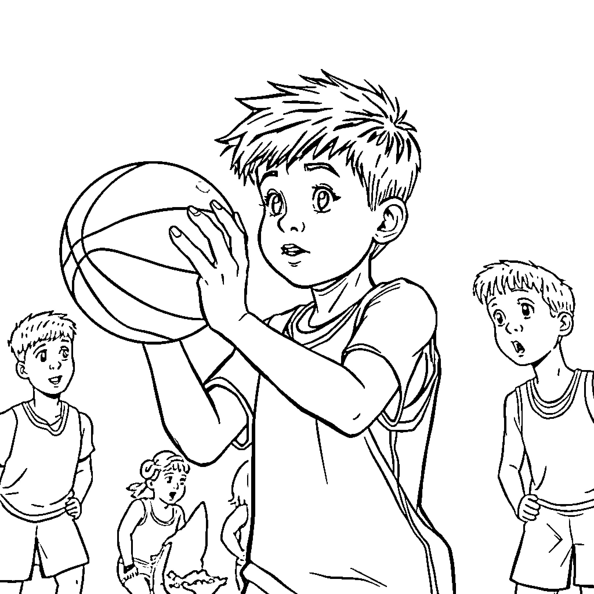 Boy playing basketball with friends Coloring Page (free black-and-white line drawing printable PDF for all, from beginners to advanced learners, including children, teens, adults, and seniors)