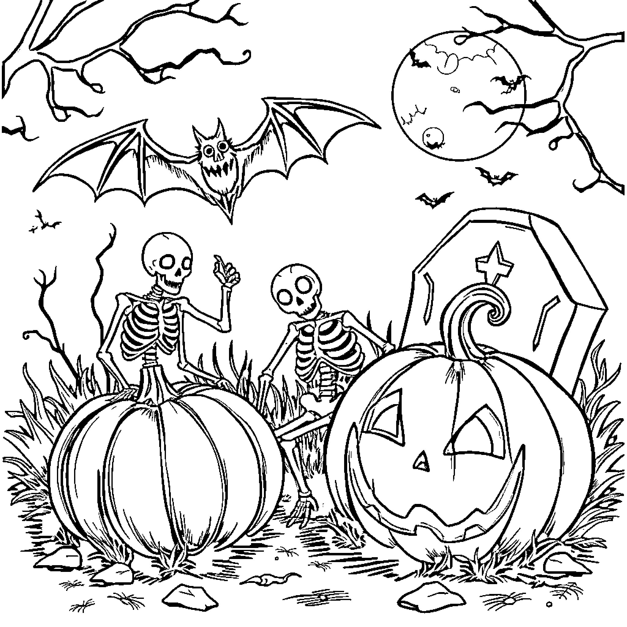 Pumpkins, Skeletons, and Bats in Spooky Nighttime Scene Coloring Page (free black-and-white line drawing printable PDF for all, from beginners to advanced learners, including children, teens, adults, and seniors)